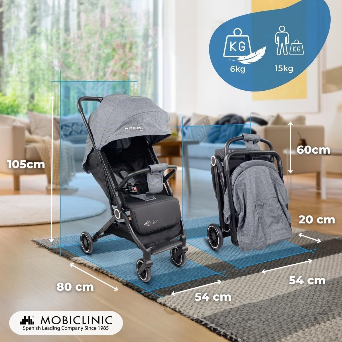 Mobiclinic®, Passeggino Leggero, Ultra Compatto, Imbracatura a 5 Punti, Manubrio Monomaniglia, Carrello Pieghevole, Cestino, 0-36 Mesi, Regolabile, Cappottina Pieghevole, Freni con Blocco, Trip