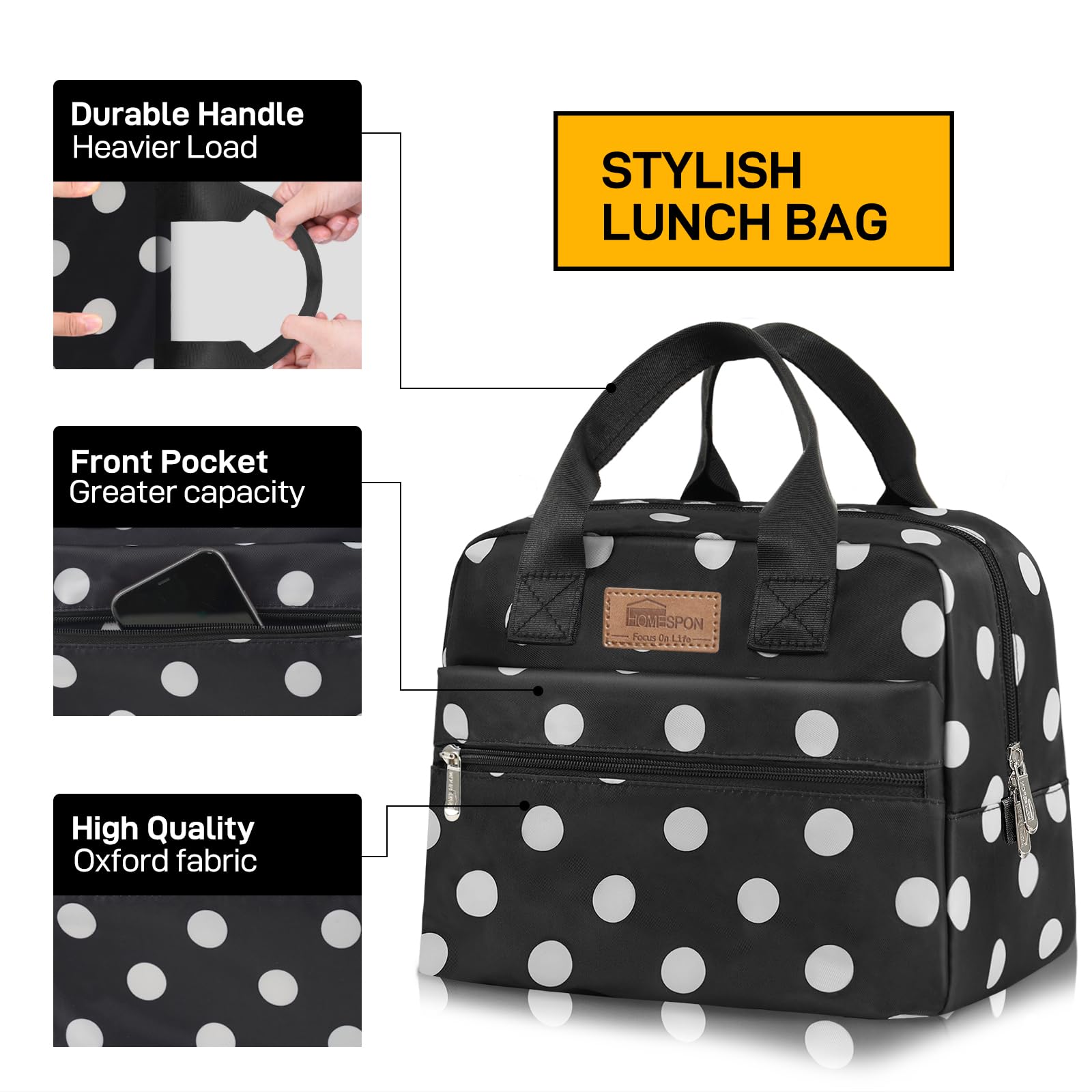 HOMESPON Insulated Lunch Bag for Women Men Work Adult Cool Bag Lunch Box Large Capacity Ladies Tote Bag(Black Dots) - Image 2