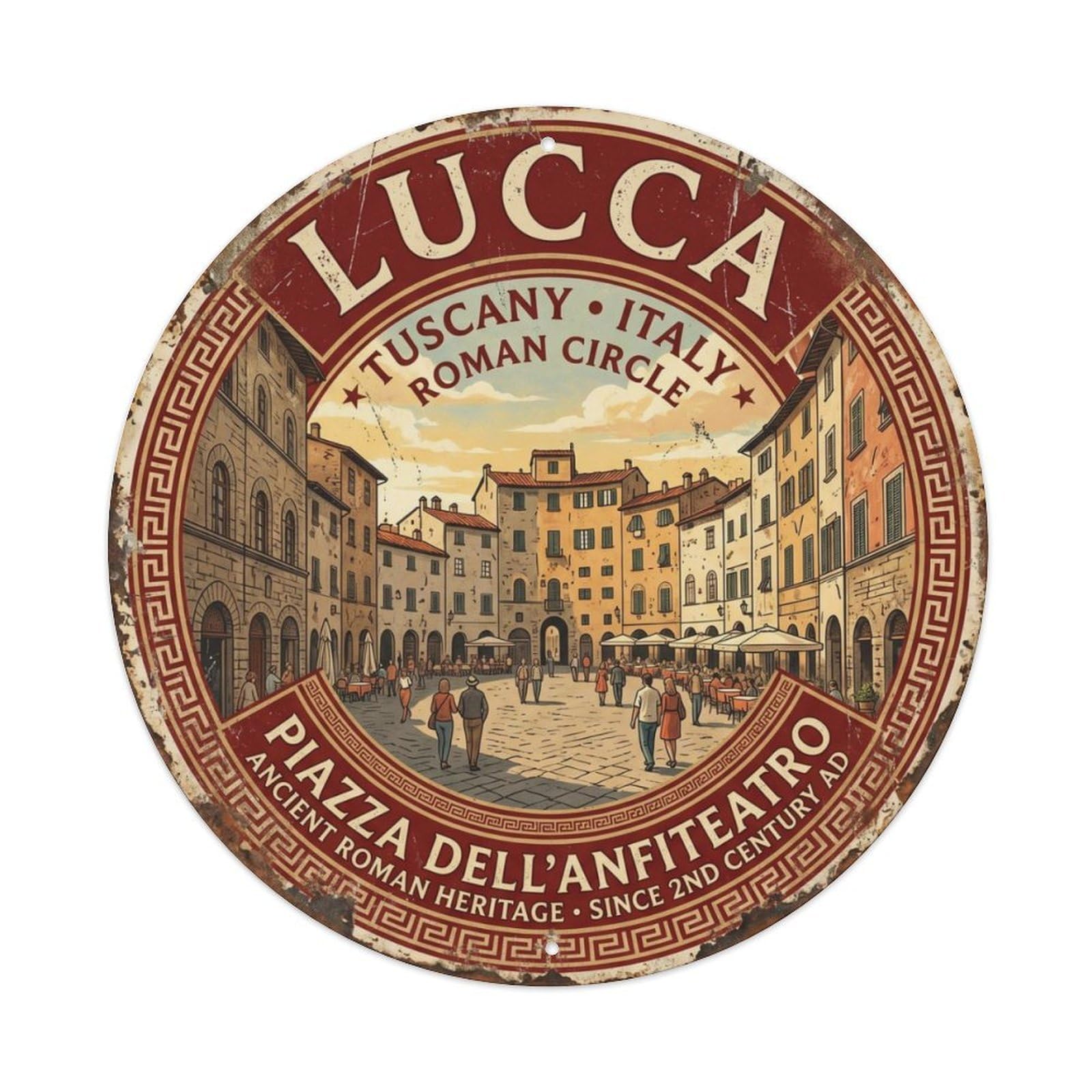 Vintage Travel Lucca Amphitheatre Piazza Metal Tin Sign Plaque Wall Decor for Cafe, Club Bar, Office, Home Garden Round Metal Poster 8x8Inch
