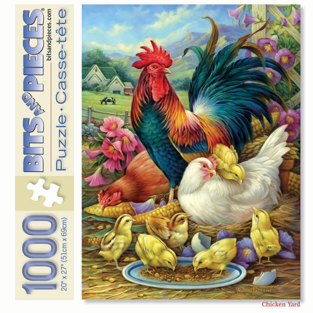Bits and Pieces - 1000 Piece Jigsaw Puzzle for Adults - Chicken Yard - Farm Feeding Chickens and Rooster Chicks Jigsaw Puzzle by Artist Oleg Gavrilov, Completed Puzzle Size: 20" x 27"