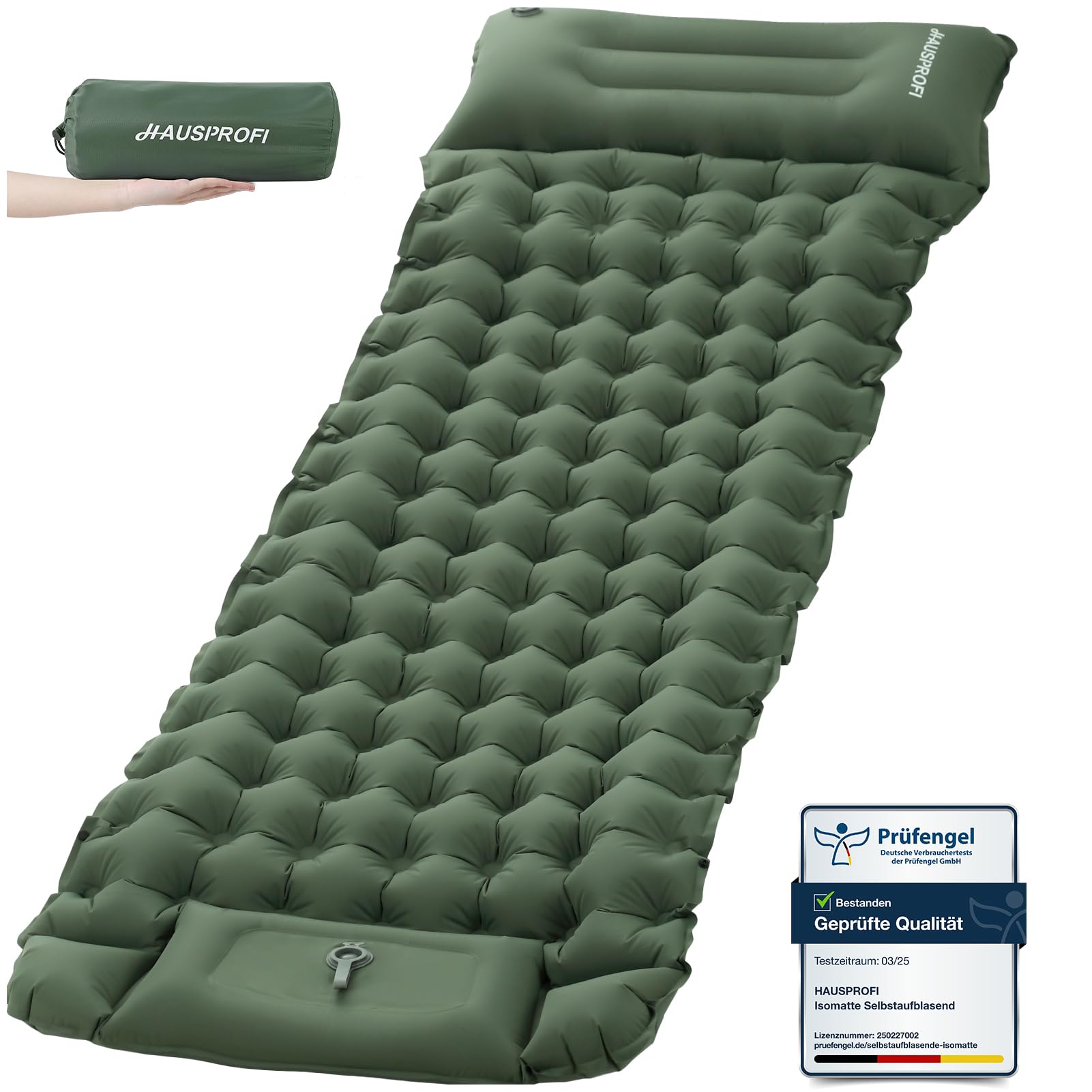 HAUSPROFI Isomatte Camping, 10cm Ultraleicht Camping Luftmatratze mit Fußpumpe & Kissen, Aufblasbare Matratze Kompakte und Leichte, Campingmatte für Wandern Strand Outdoor, Armeegrün