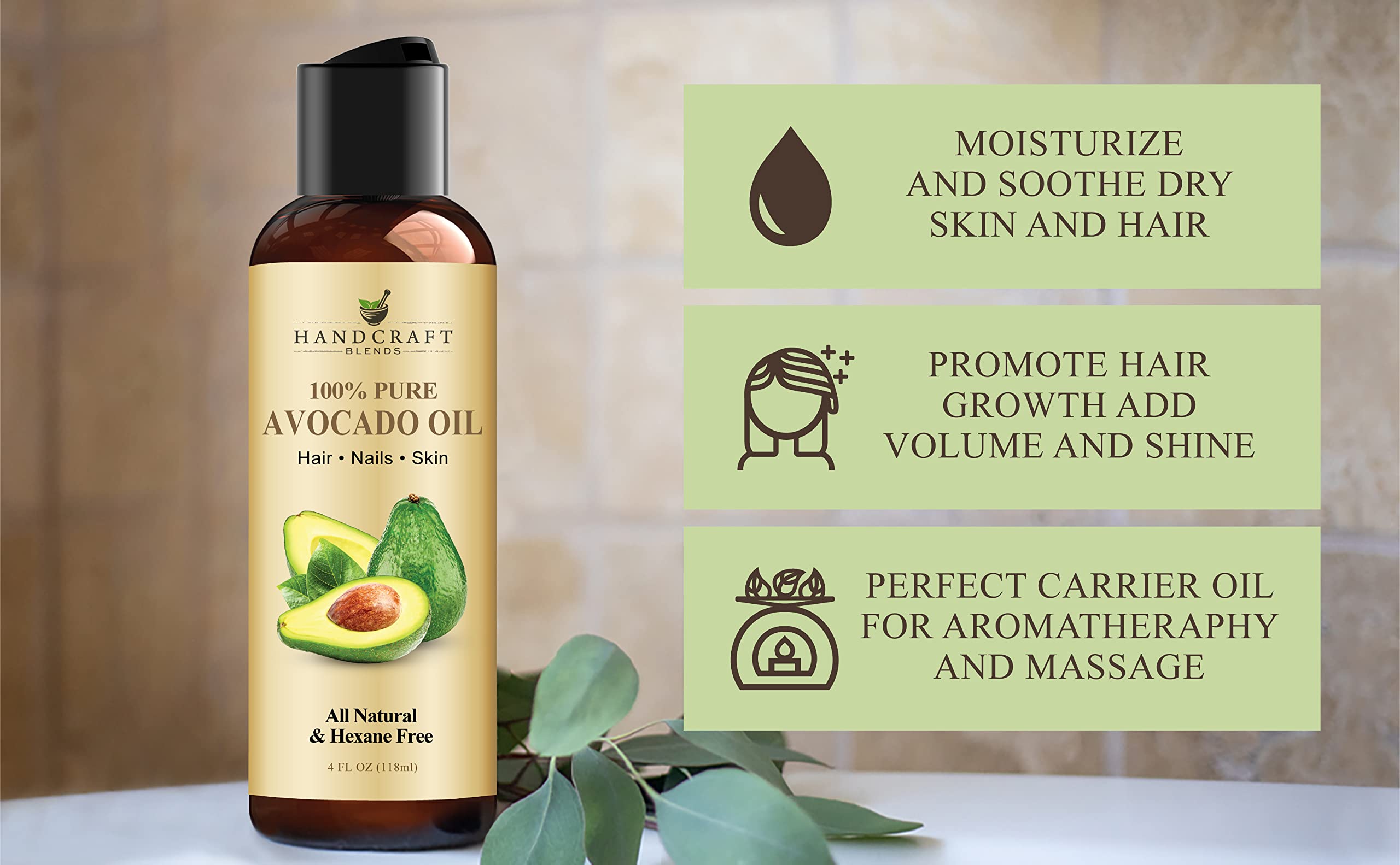 Handcraft Blends Avocadoöl - kaltgepresst 118ml - 100% rein und natürlich - Premium Grade Trägeröl für Haut und Haar - Haar und Körper - Massage - Hexanfrei
