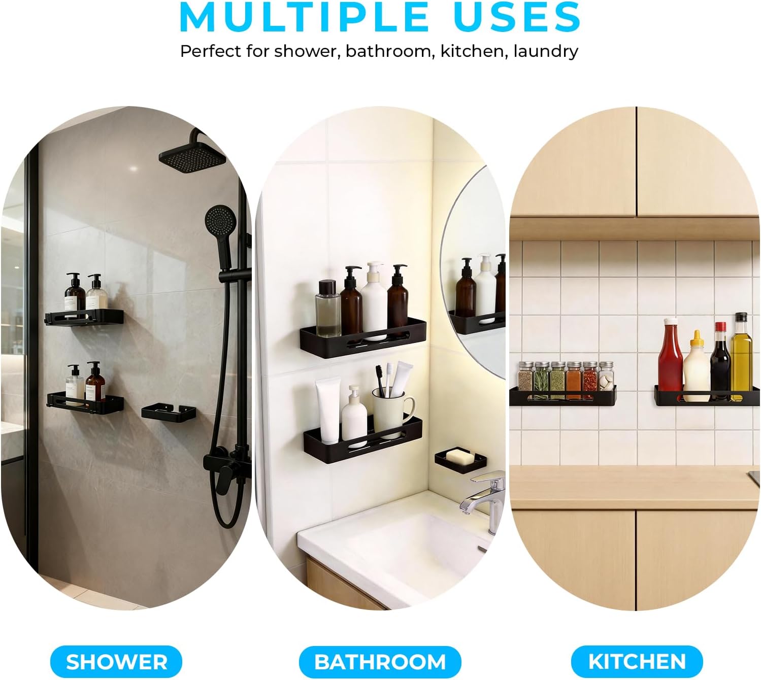 Shower Caddy Adhesive, 3 Pack Rustproof 304 Stainless Steel Bath Organizers, No-Drill Shower Shelves Soap Holder for Bathroom Storage, Black