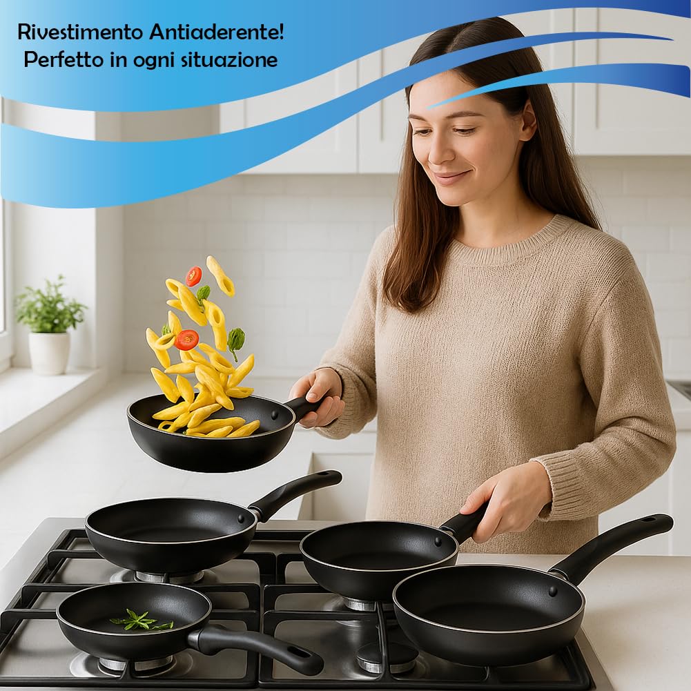 BAKAJI Lot de 4 poêles volcano diamètre 16-20 – 24-28 cm Made in Italy, revêtement antiadhésif PFOA libre, cuisson homogène, poignée thermique cool et Soft Touch, idéal pour cuisinières à gaz