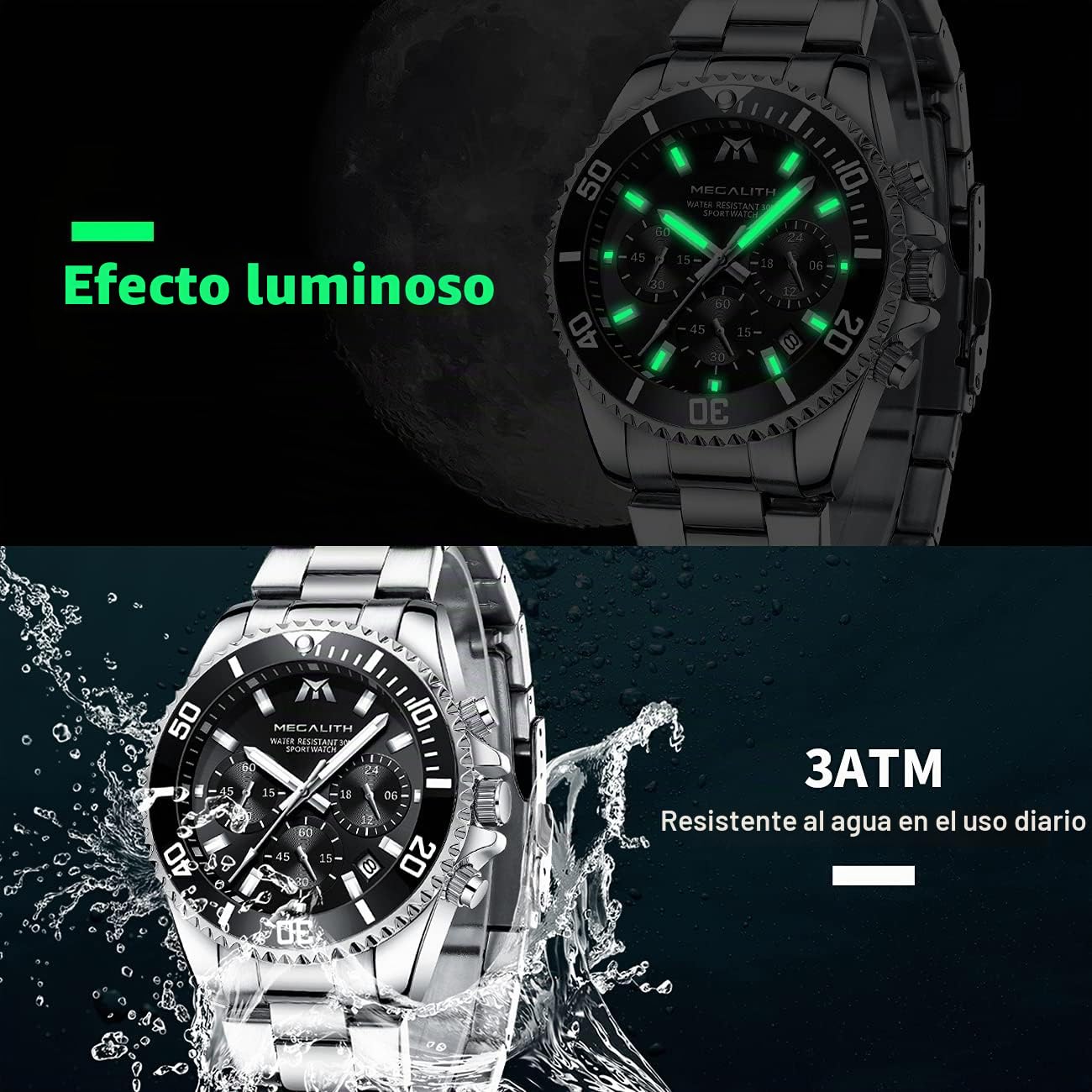 MEGALITH Relojes Hombre Acero Inoxidable Relojes Grande de Pulsera Cronógrafo Impermeable Elegante Reloj Analógico Hombre Diseñador Luminosa Fecha, Regalos para Hombres