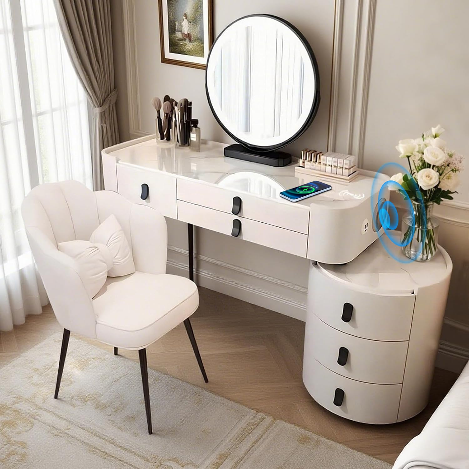Vofikoli Vanity Dressing Tables with LED Lights, Dressing Table Makeup Desk with Mirror and 5 Drawers, 5 Drawers, Modern Makeup Desk with Bedside Table for Bedroom (White, 100cm)