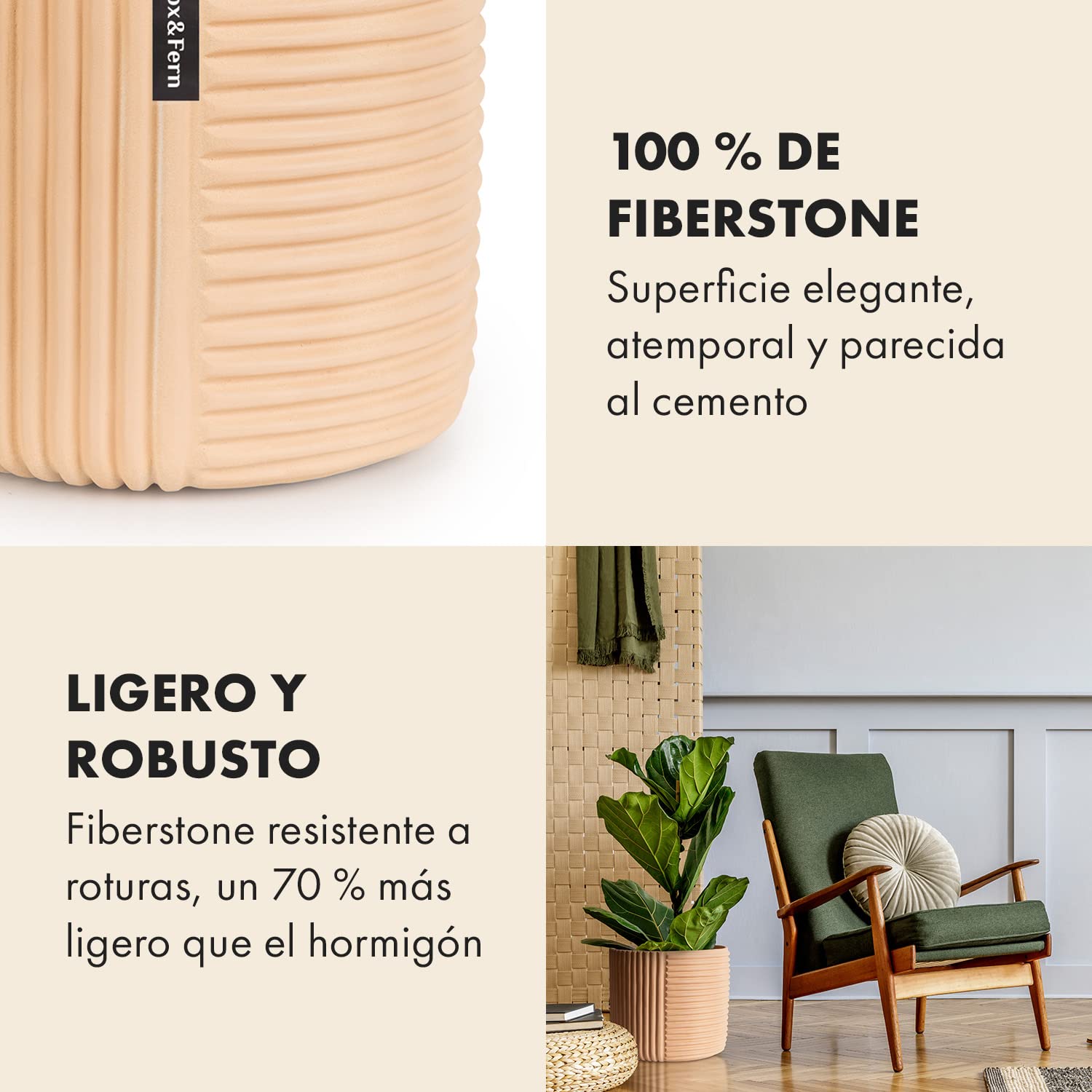 Fox & Fern Fox&Fern Maceta L con Estructura de líneas, Maceta Grande de 27 cm, Incluye Drenaje de Agua para Plantas en Exteriores e Interiores, Apta para Soporte de Flores L (30 cm de diámetro),