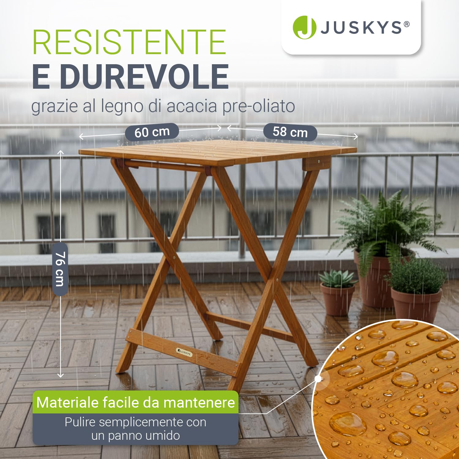 Juskys Tavolo laterale Zadar XL acacia mobile compatto richiudibile esterni 76x60x60 cm