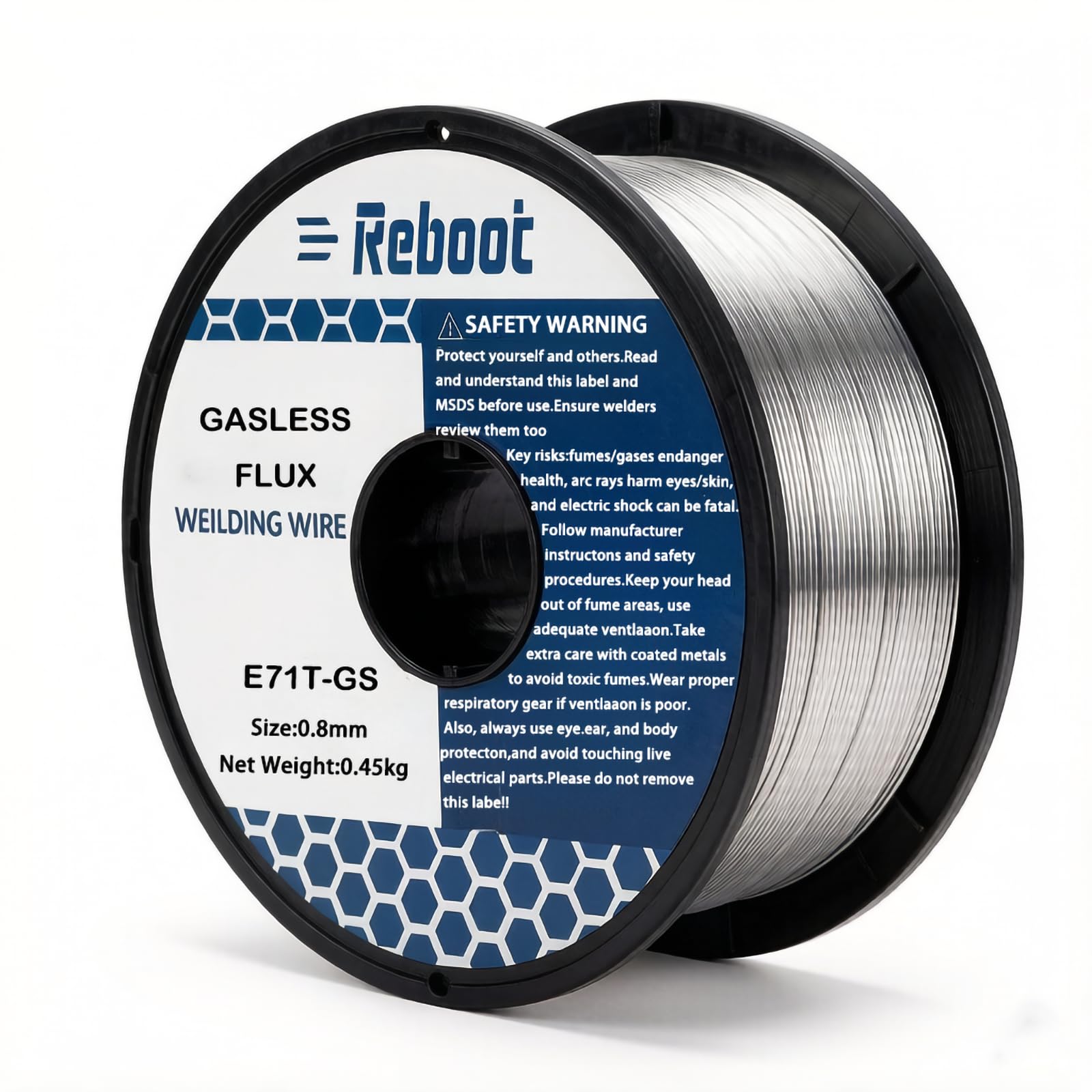 Reboot Hilo Tubular Sin Gas 0,8 mm E71T-GS – Flux Autoprotegido para MIG/MAG, Bajas Salpicaduras, Todas Posiciones & Exterior, 0,45 kg
