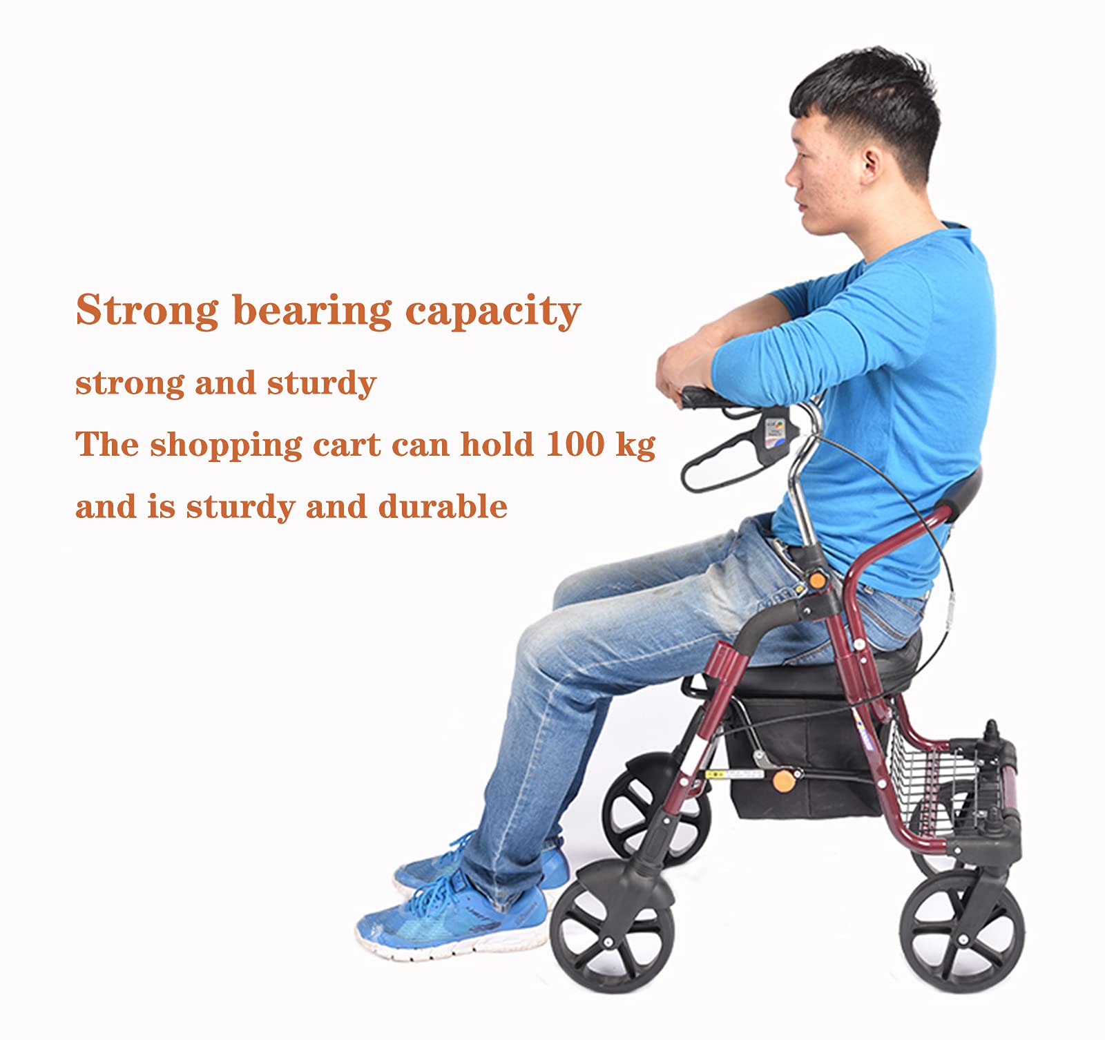 Andadores Rollator Plegables, Andador portátil plegable de aluminio con asiento y cesta de compra de 4 ruedas for personas mayores, capacidad de 100 kg