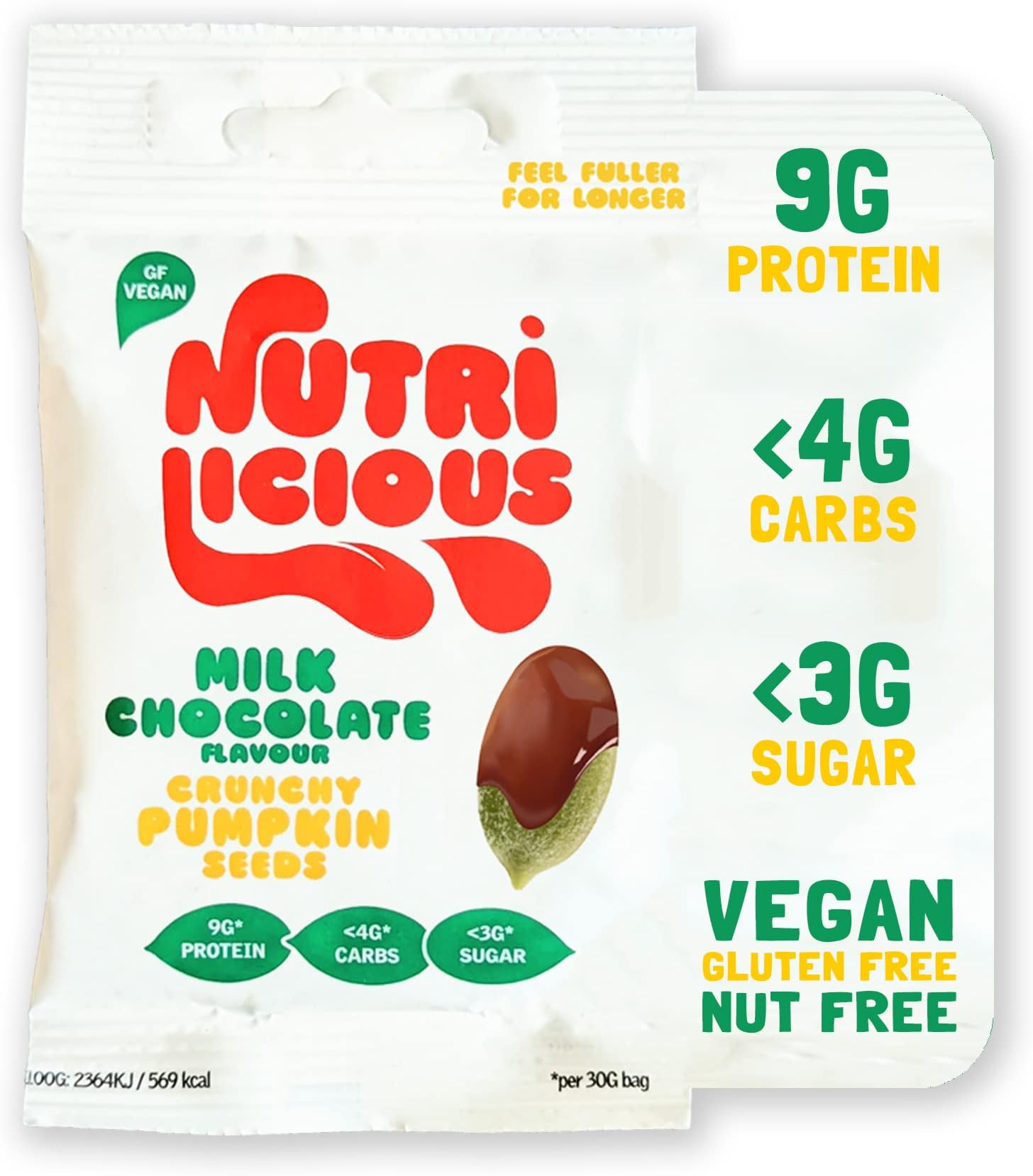 Nutrilicious Crunchy Oat Milk Chocolate Pumpkin Seeds - Vegan Healthy Snacks - Low Carb, High Protein, Low Sugar, High Fibre, Gluten Free, Nut Free (12 x 30g)