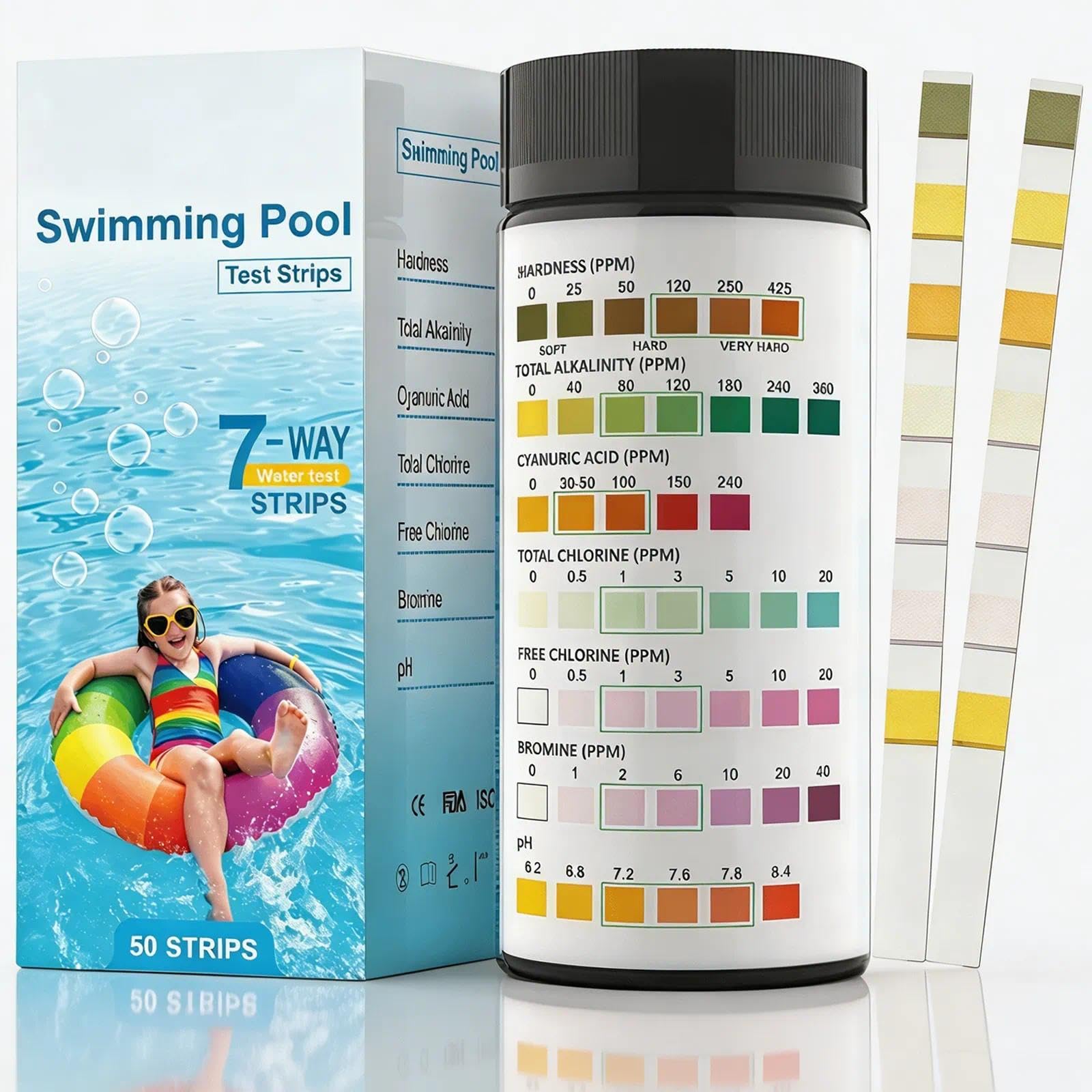 Tub Test Strips, Clear Water Spa & Hot Tub Test Strips, 50 Count - 3-in-1 Accurately Measures Free Chlorine, PH & Total Alkalinity for Pools, Spas, Hot Tubs.