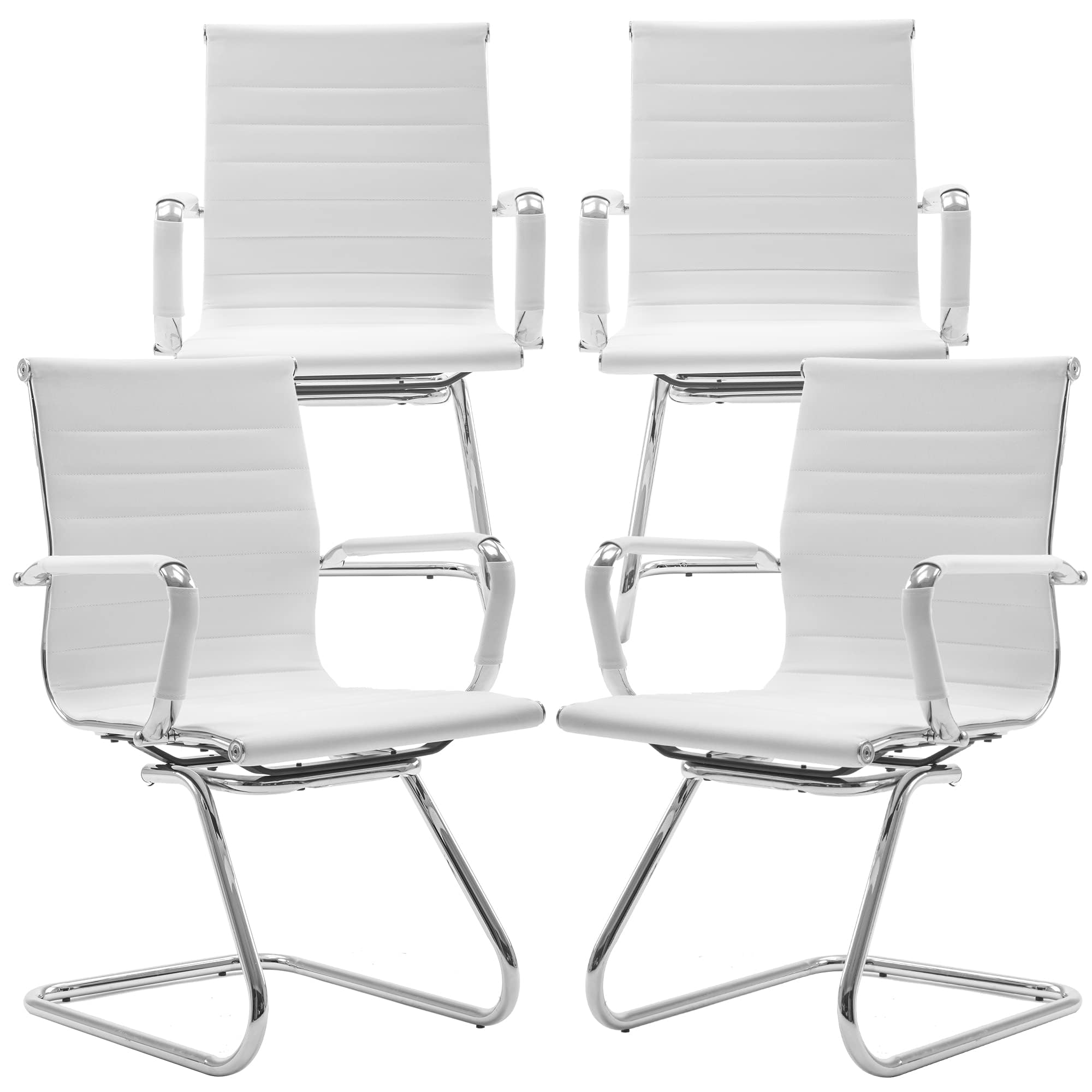 Conference Room Chairs Set of 4, Waiting Room Chairs with Arms, Faux Leather Reception Chairs No Wheels, Office Guest Chairs with Mid Back Support and Chrome Sled Base, WhiteWhite