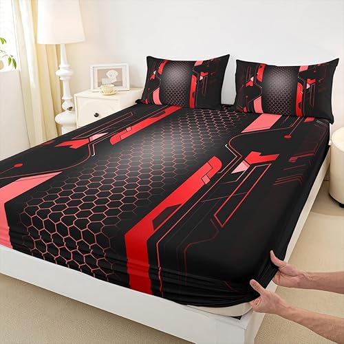 Manfei Sábana bajera ajustable de panal rojo, tamaño matrimonial, juego de ropa de cama hexagonal geométrica de 3 piezas para decoración de