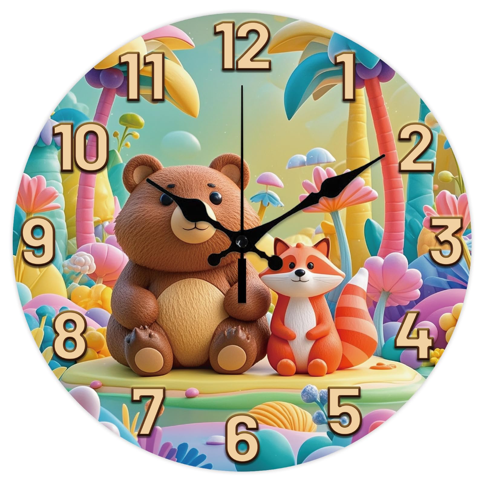 CHGCRAFT 12 Inch 3D Relief Forest Animals Bear Fox Round Wall Clock Silent Non Ticking, for Bedroom Living Room Kitchen Office Home Decor