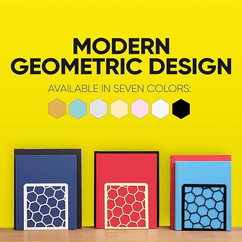 Miniatura 6 de Sujetalibros geométricos de panal amarillos de alta calidad para estantes, extremos de libro de metal para oficina, tapón de libro en forma de L,