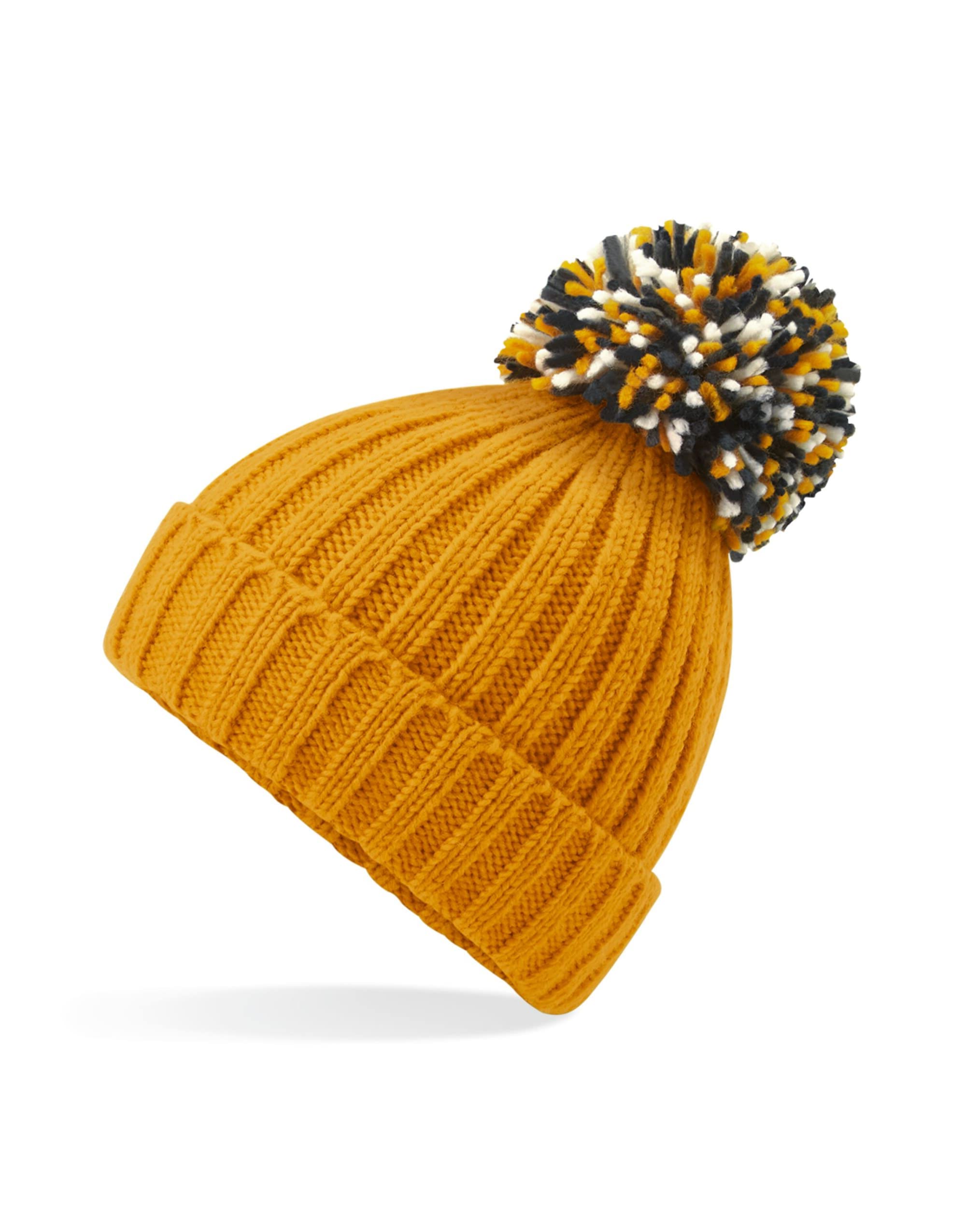 Aremie Beanie Hats for Men & Women, Bobble Pom Pom Winter Hats, Rib Knitted Bobble Hat, Warm Lined Wooly Beanies Cap, Mustard Ochre Yellow Plain