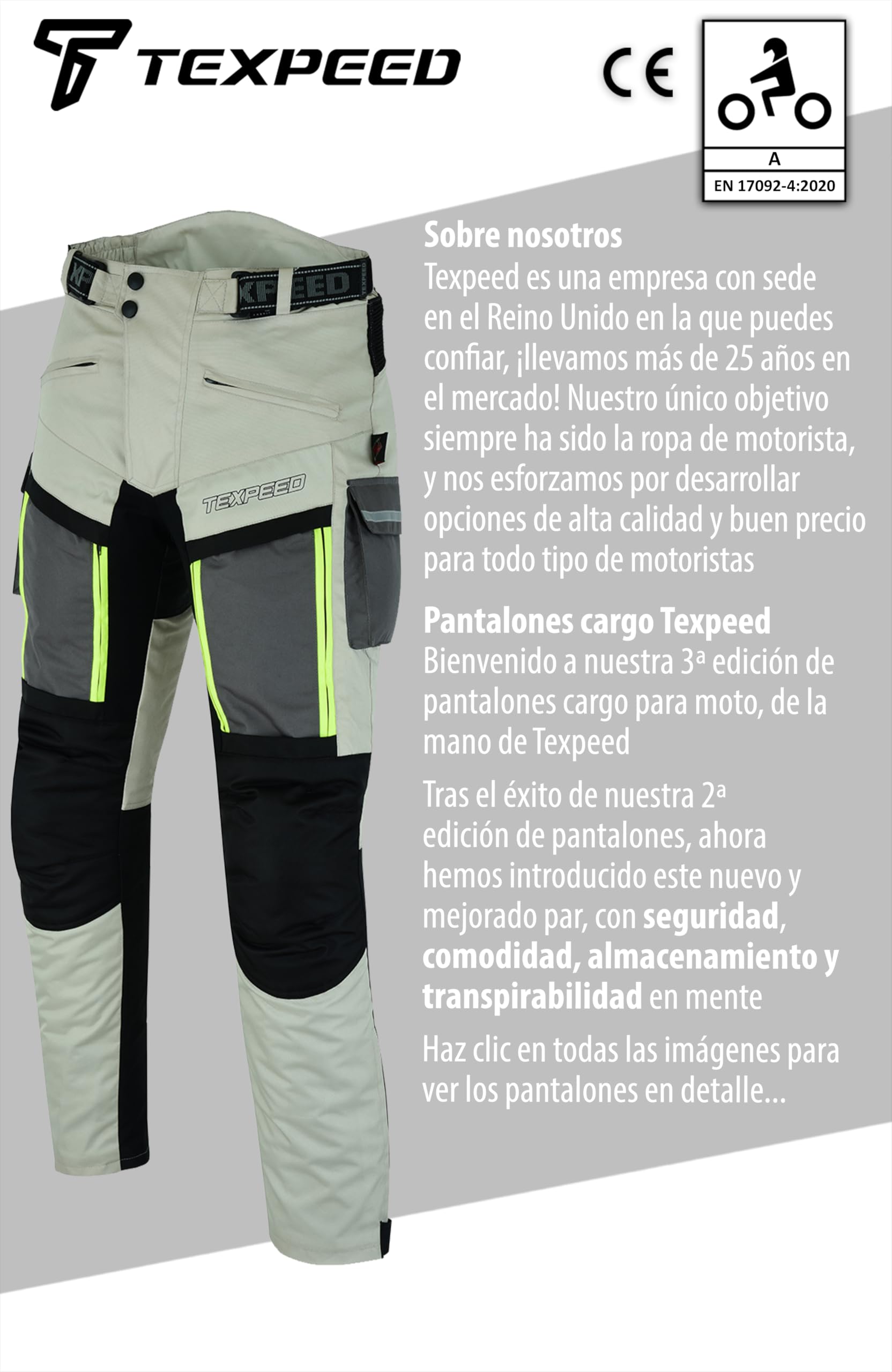 Texpeed Pantalones de moto hombre verano - Impermeable Pantalones de motorista - Con armadura de protecciónes CE (EN 1621-1) - Blanco - XL Cintura/Regular Pierna