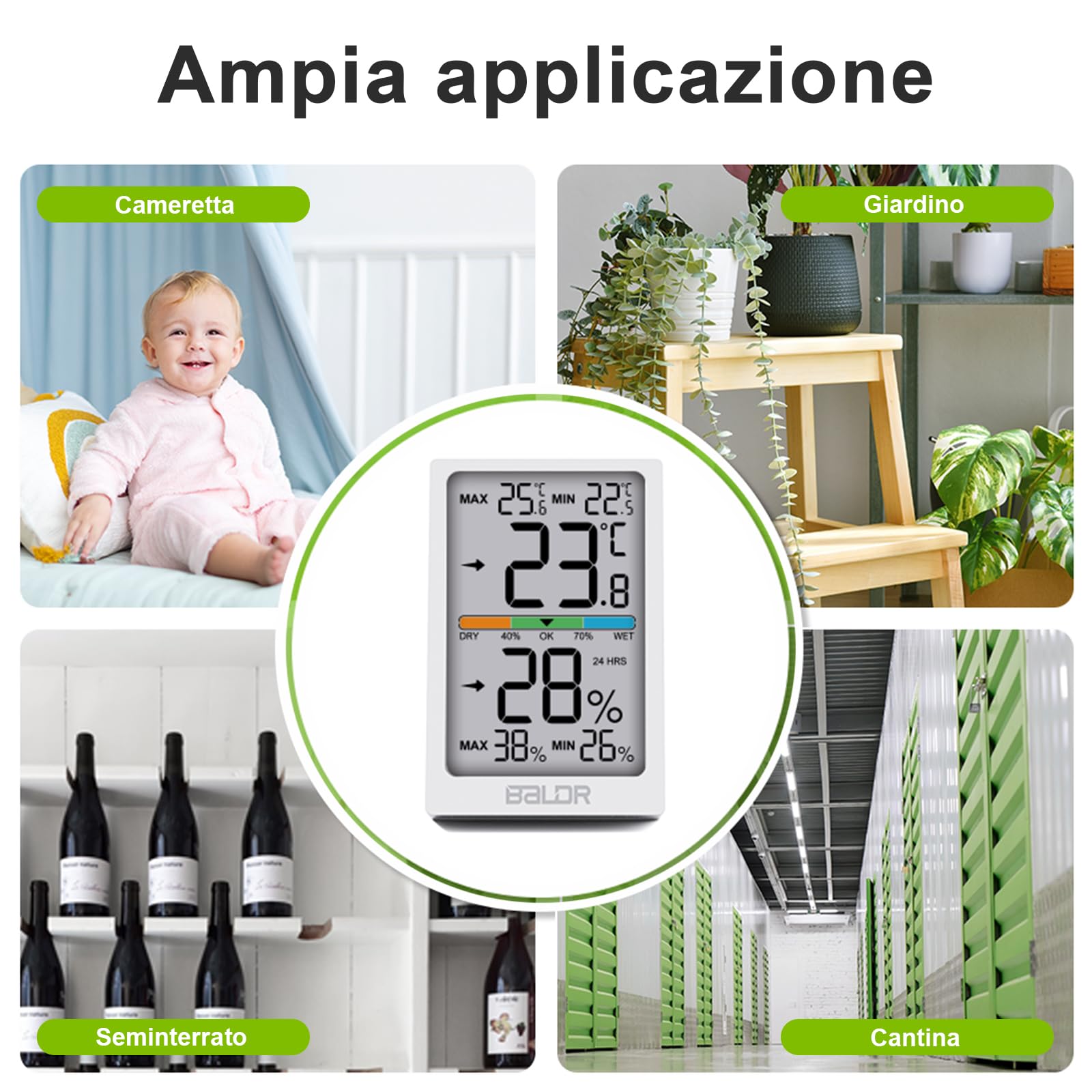 Termo-igrometro digitale per interni con grande schermo LCD, registrazione dei valori max./min., monitoraggio della temperatura e dell'umidità, commutazione °C/°F, indicatore di comfort