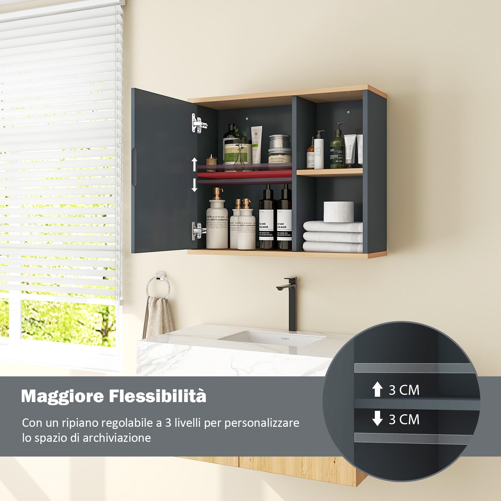 RELAX4LIFE Mobile Bagno con Specchio, Specchiera Salvaspazio con Vano Contenitore, 3 Ripiani Regolabili e 2 Scomparti Aperti, Armadietto Bagno da Parete, 60 x 20 x 50 cm
