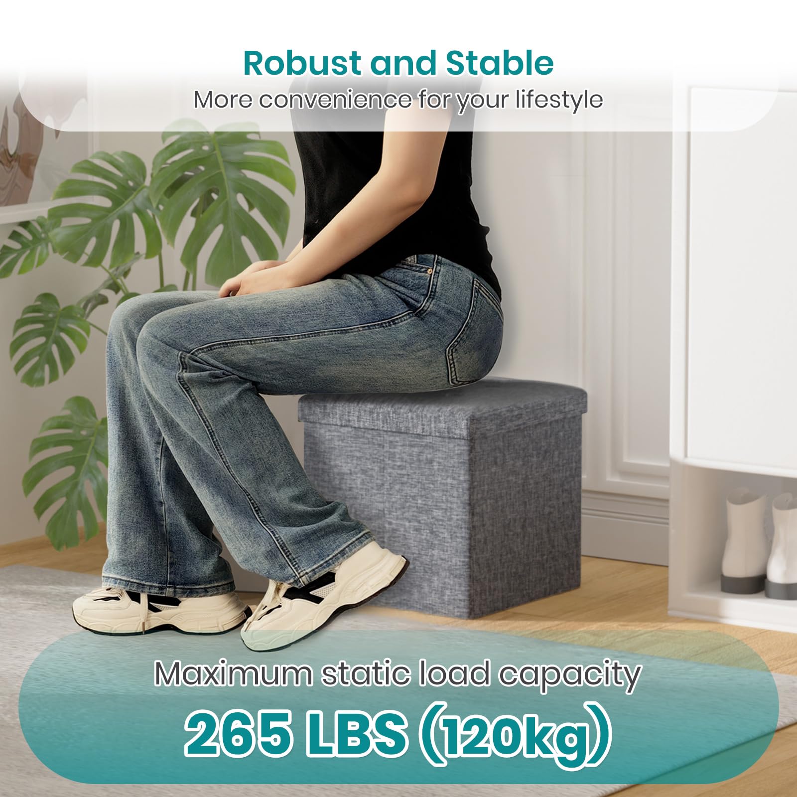COSYLAND Pouf con vano portaoggetti, poggiapiedi, pieghevole, portata fino a 300 kg, lino, 43 x 33 x 33 cm (Grigio chiaro