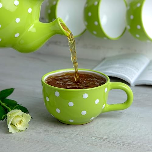 Miniatura 4 de City to Cottage Taza de cerámica hecha a mano, diseño de lunares verde lima y blanco, extra grande de 17.5 onzas, capuchino de cerámica, café, té,