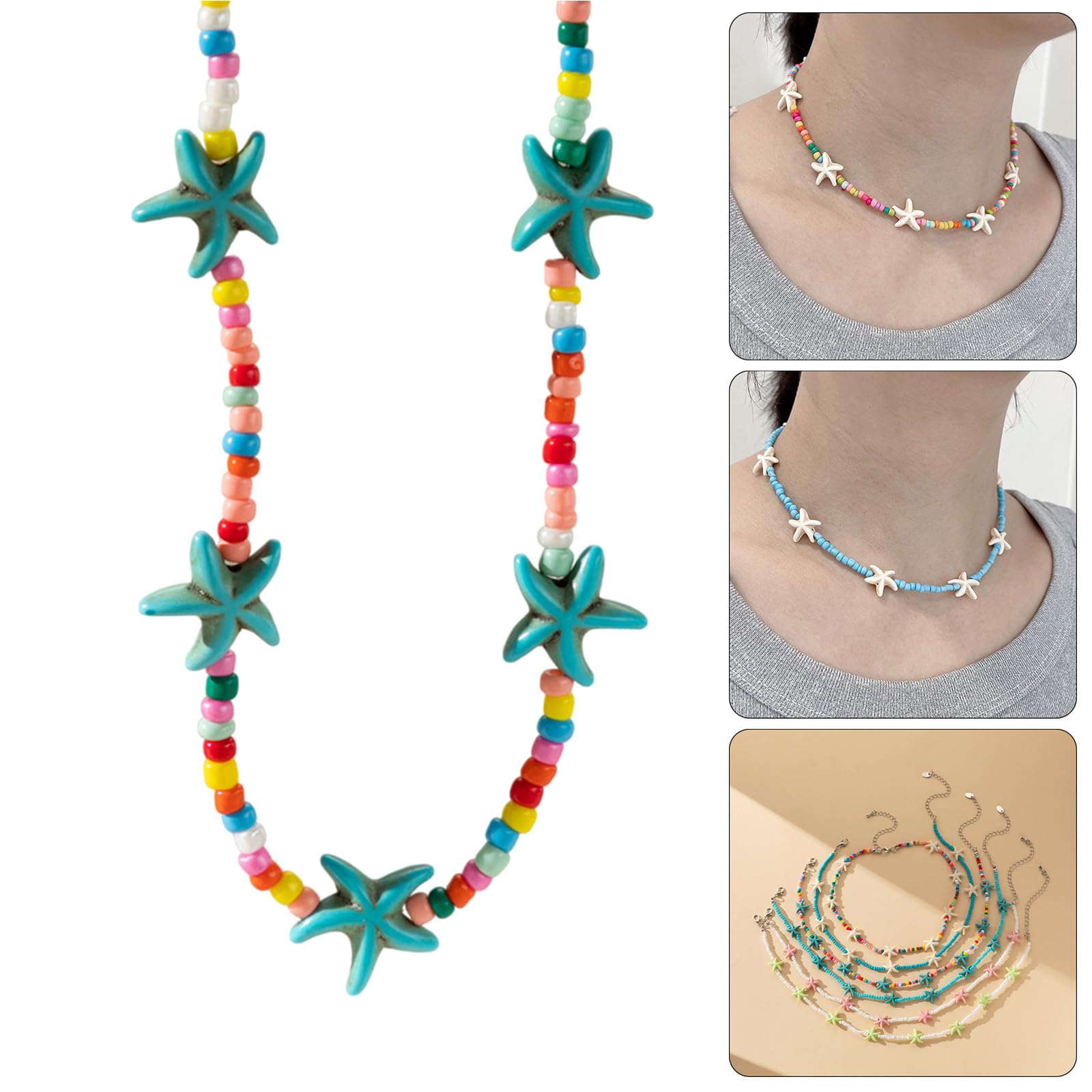Elegante gargantilla con cuentas de turquesas, collar con colgante de estrella de mar, cadena para el cuello de longitud ajustable para mujer inspirada