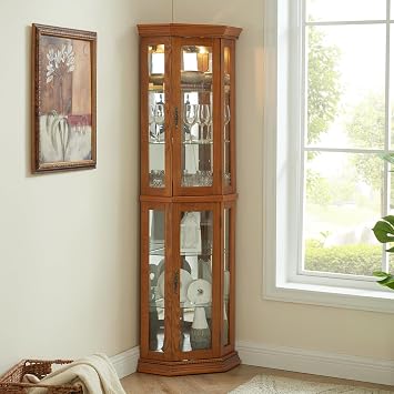 Glass Display Curio Cabinet Tall Corner Wood China Cabinets with Tempered Glass Doors & Adjustable Shelves | Lighted Curio Storage Cabinet for Living Room - Oak