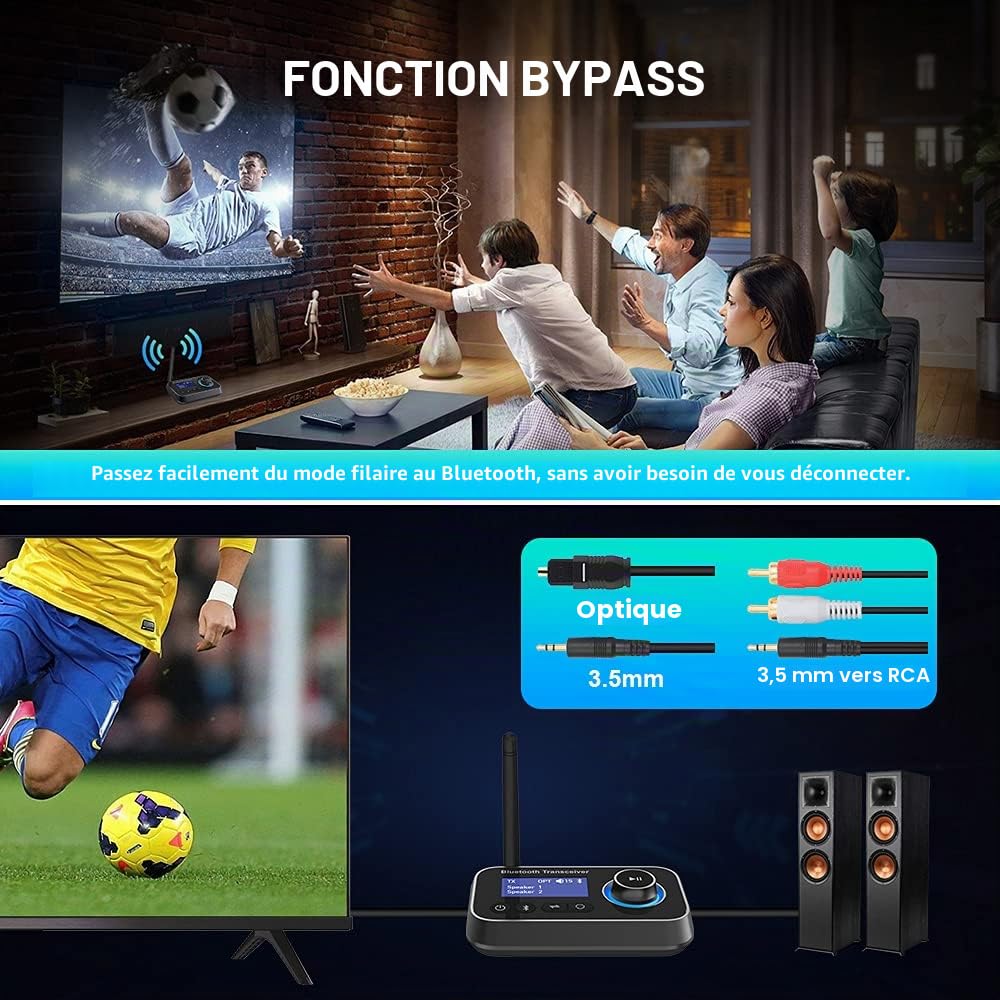 Émetteur Récepteur Bluetooth 3 en 1 Adaptateur Audio Bluetooth 5.3 Double Connexion Transmetteur Receveur Bluetooth avec RCA/Optique/AUX Contrôle du Volume Bypass vers TV, Stéréo, Écouteurs
