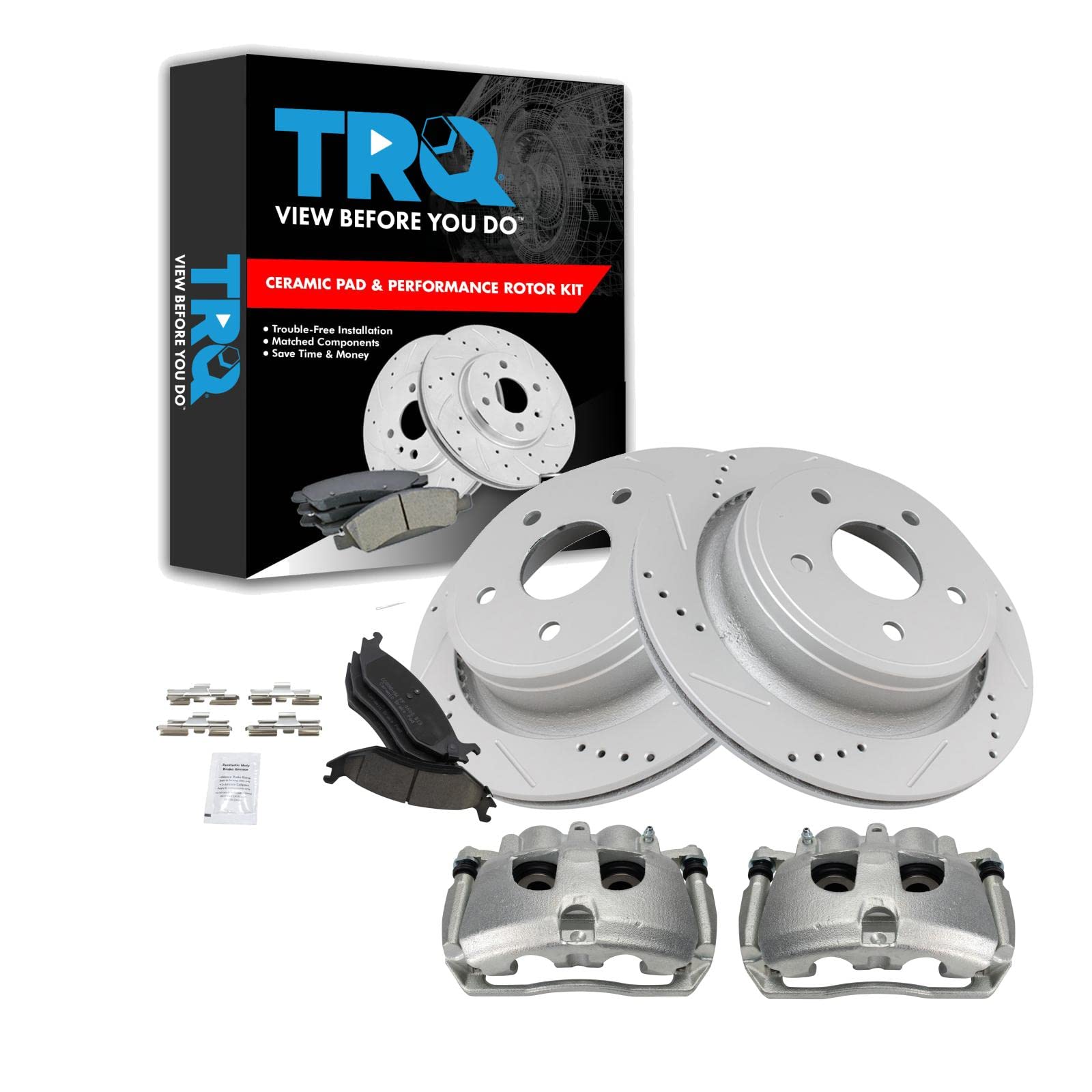 TRQ Rear Performance Brake Pad, Caliper, &amp; Rotor Kit Ceramic Vented Premium G-Coated Compatible with 2012 Ram 1500