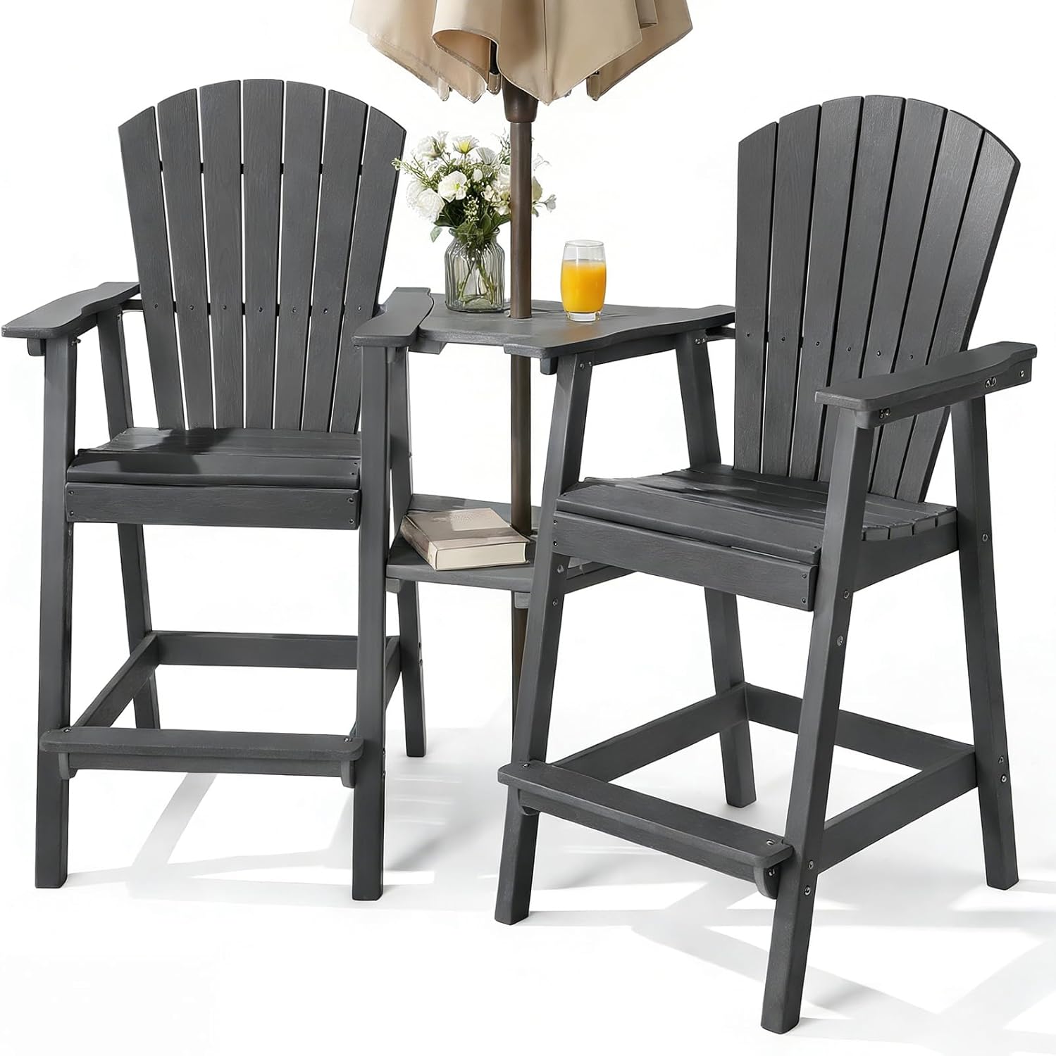 PASAMIC Tall Adirondack Chair Set of 2, All-Weather HDPE Outdoor Chairs with Removable Double Trays, Bar Height Adirondack Chairs for Balcony, Deck, Patio, Backyard, Dark Gray