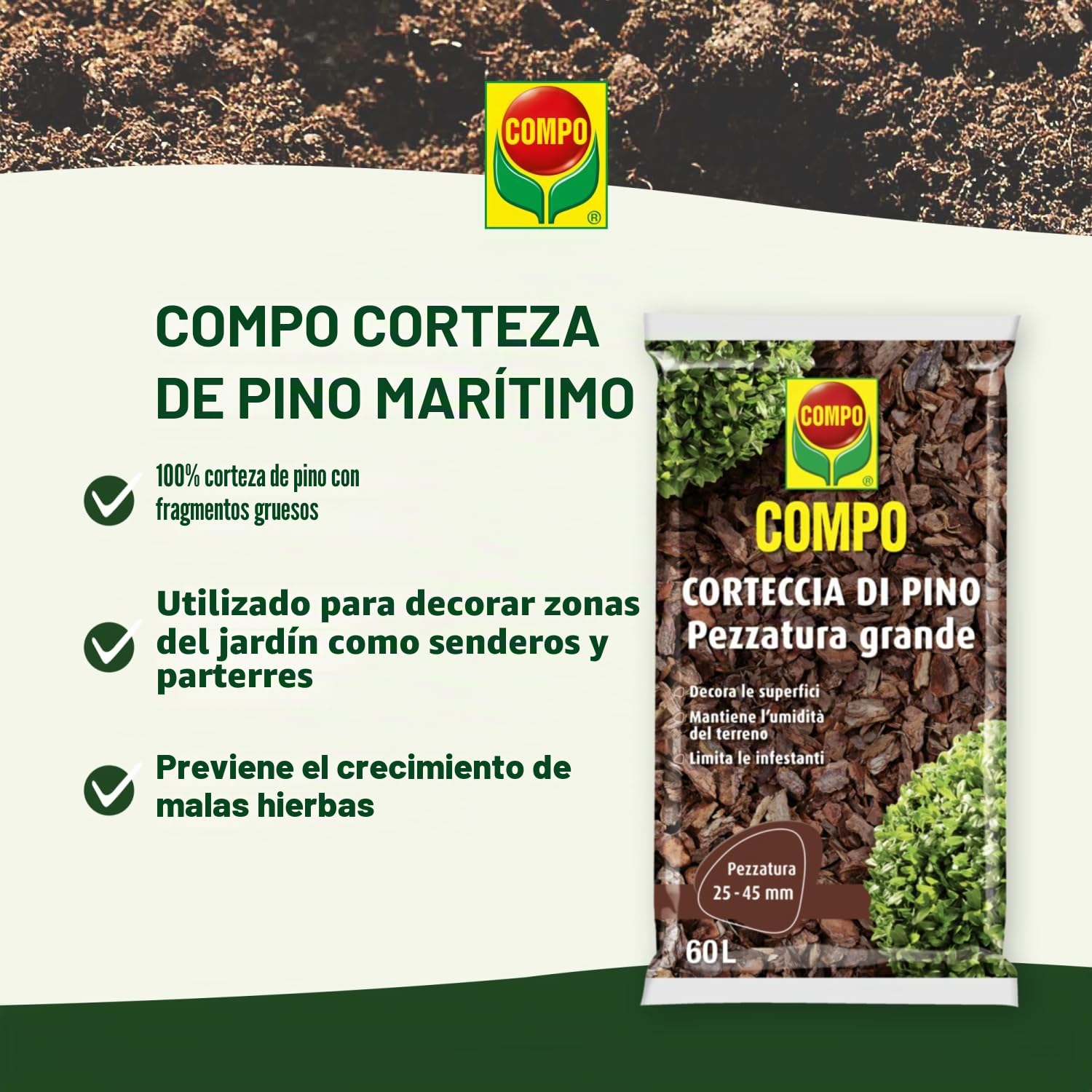 COMPO Corteza de pino gruesa, tamaño grande, para mantillo y decoración, permitido en agricultura biológica, saco de 60 l