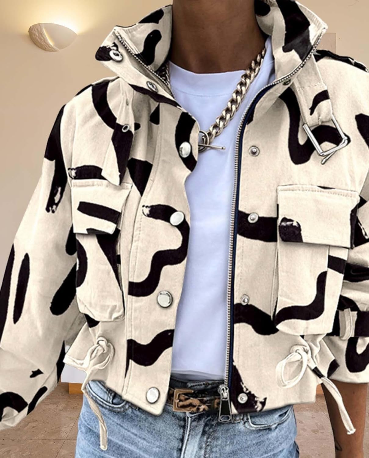 2025 Fall Winter Womens Digital Print Motorcycle Jacket Long Sleeve Unique Jacket Short Jacket - Image 5