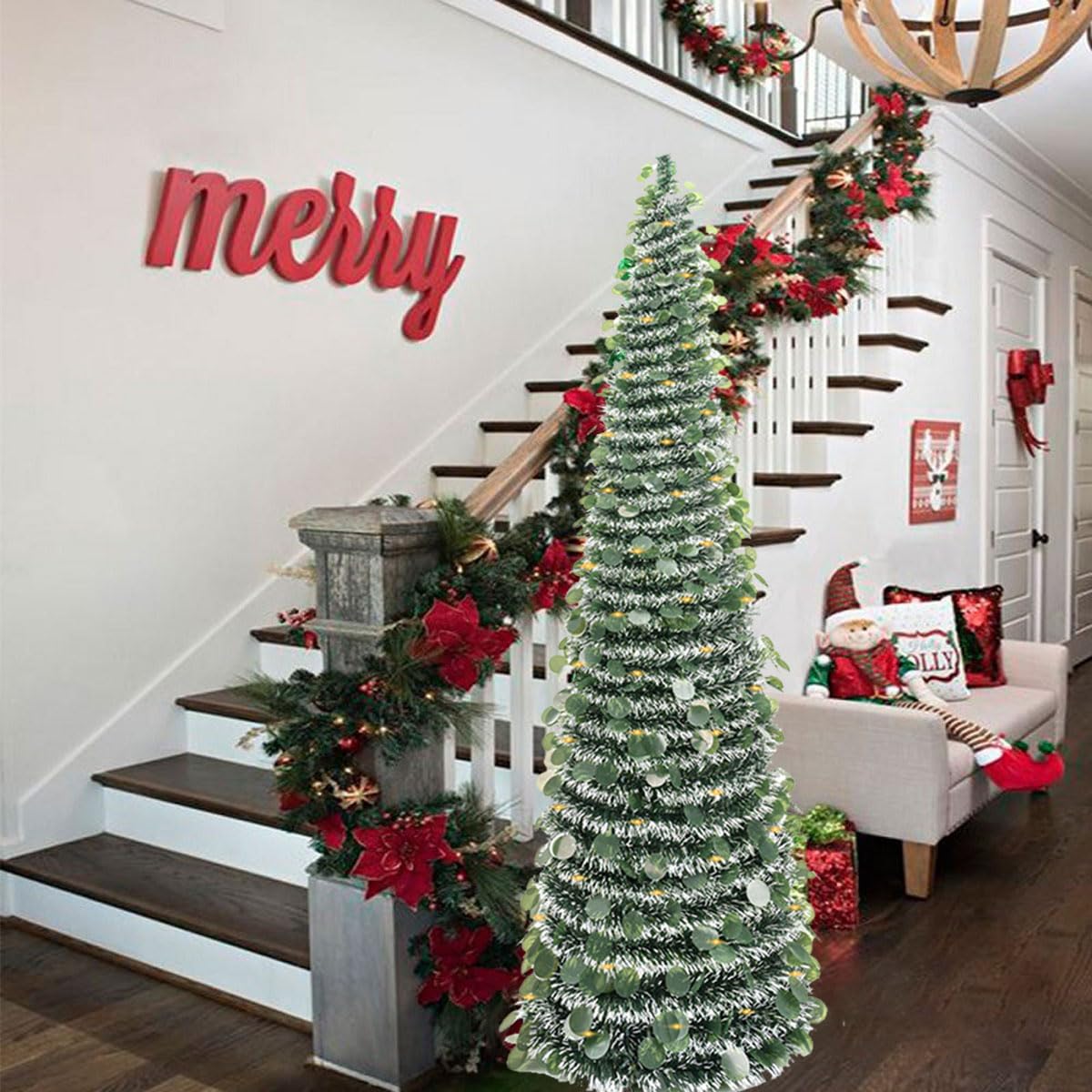 Árboles de Navidad artificiales de 150cm, árbol de Navidad plegable de espumillón, decoración navideña preiluminada para el interior del hogar (verde)