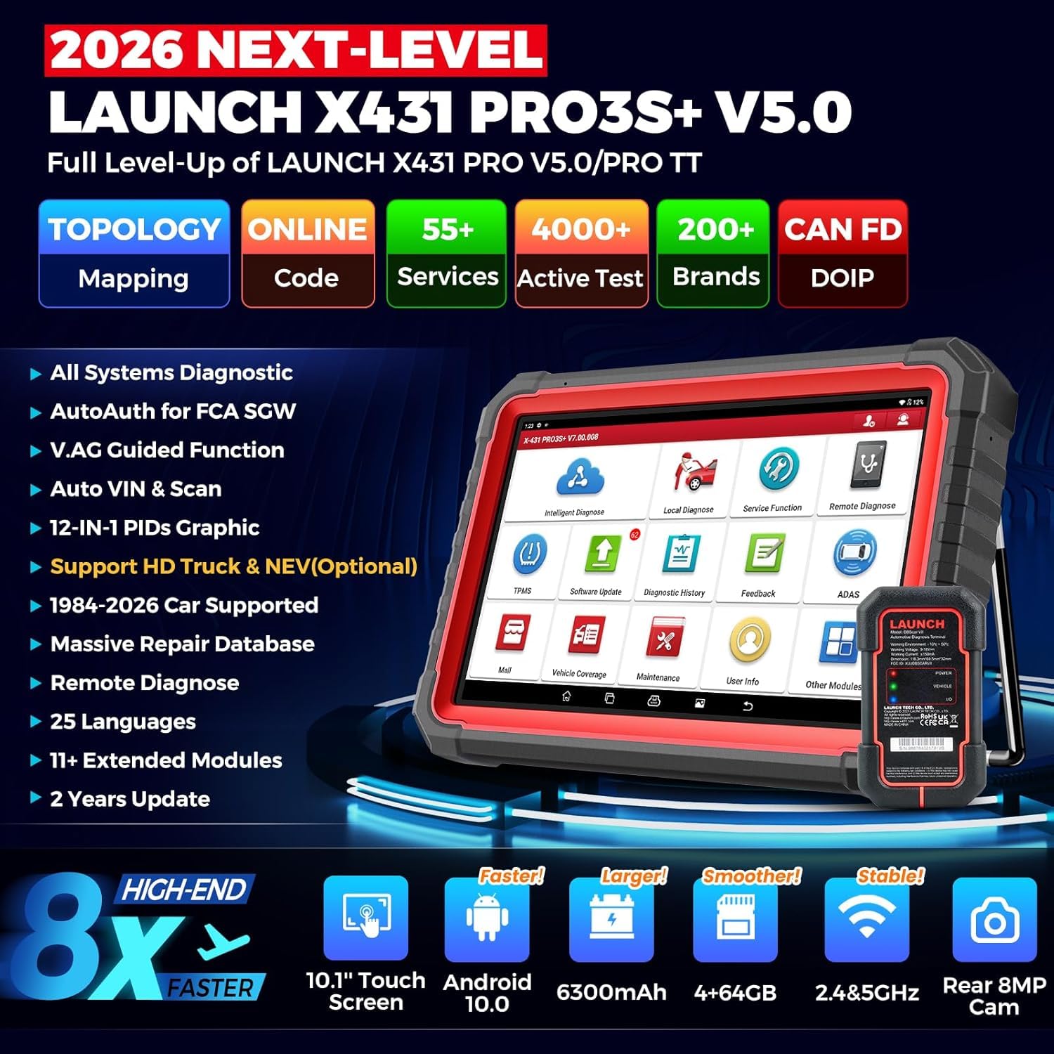 Launch X431 PRO3S+ V5.0 OBD2 Diagnosegerät OE-Level voll System Scanner mit ECU Codierung, Bidirektionaler Steuerung, FCA Diagnosegerät Auto mit 55+ Reset Service,ABS, Öl, EPB, DPF, BMS, SAS usw