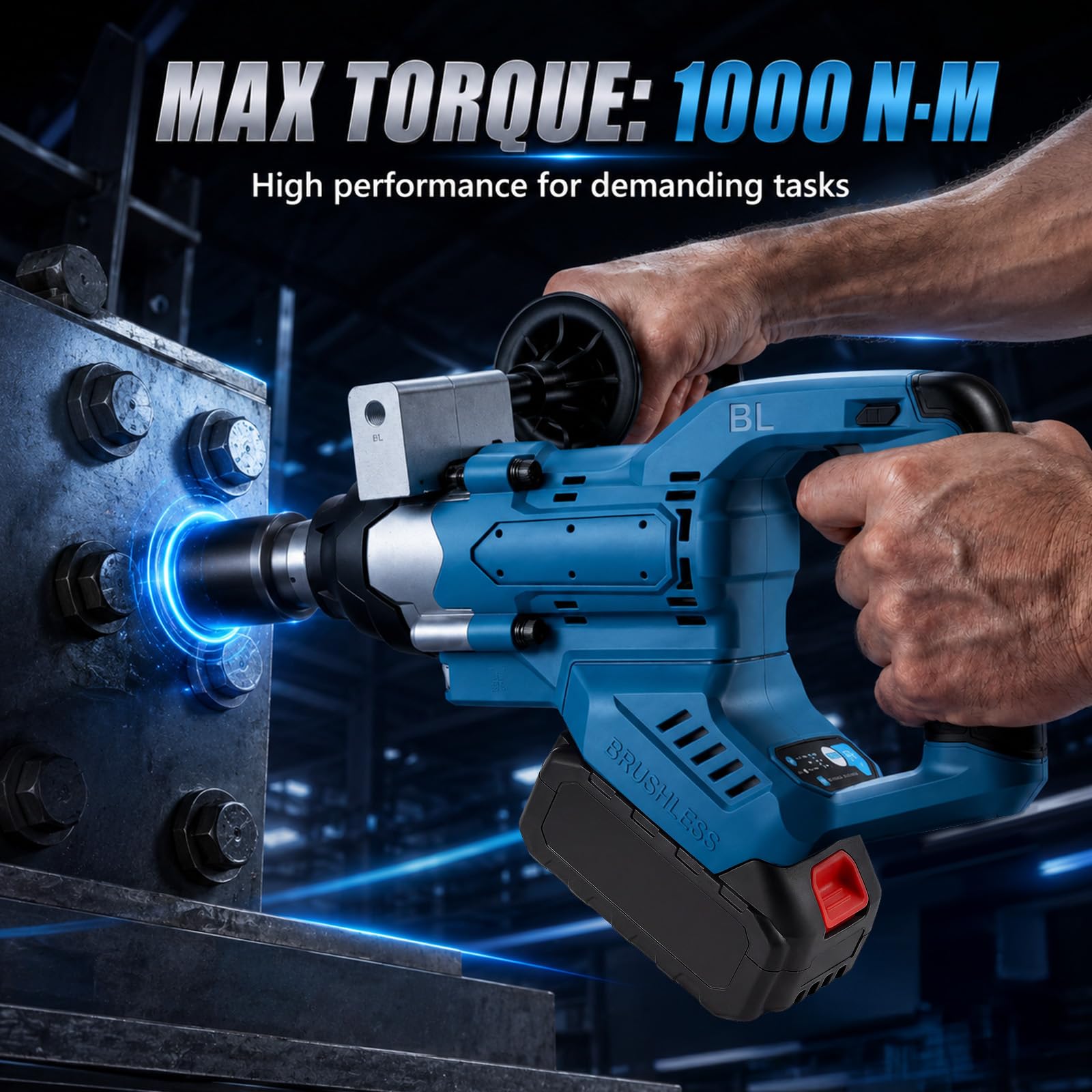 Atornillador de impacto inalámbrico, 1/2 pulgadas, 1000 Nm, par máximo con mango adicional, llave de impacto sin escobillas, llave de impacto para coche, 4 niveles, 3600 rpm, luz LED sin batería, para