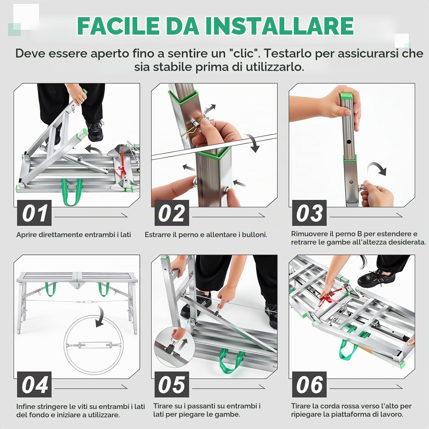 Piattaforma da Lavoro Pieghevole in Alluminio, Scala Pieghevole Regolabile in Acciaio, Trabattello 400 kg capacità di Carico, Ideale per l'edilizia e l'uso Domestico