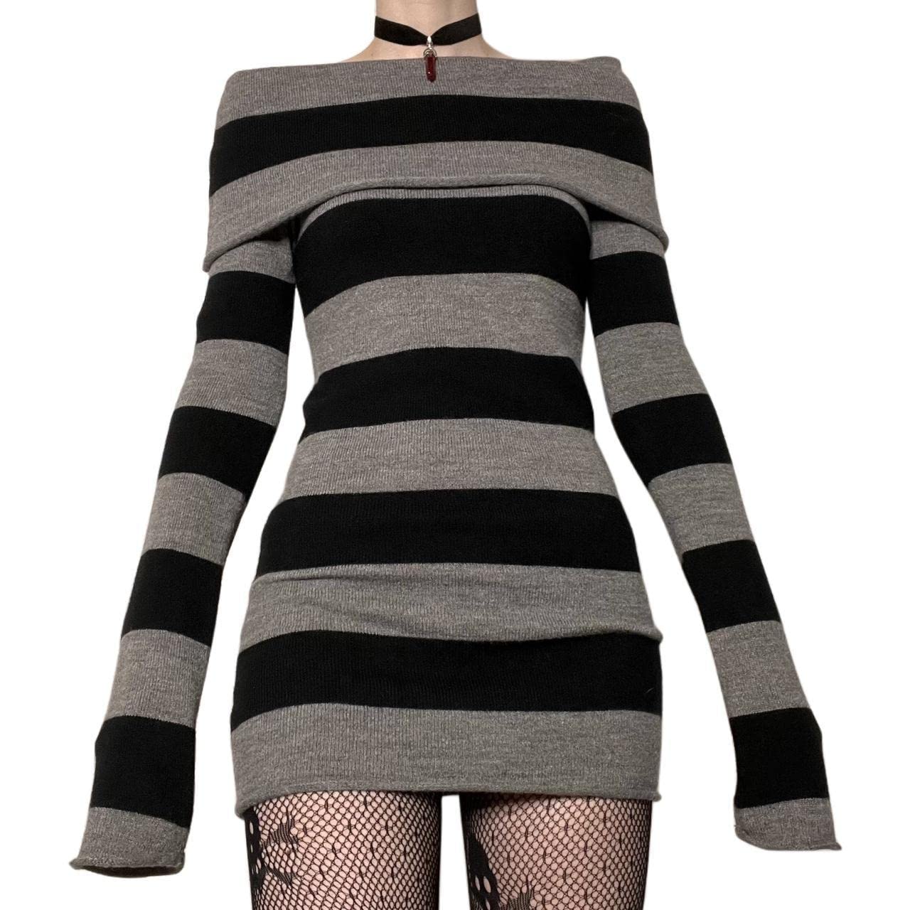 Faretumiya Women Punk Goth Sweater Dress Striped Off Shoulder Long Knit Pullover Dress Y2k Grunge Bodycon Dress Streetwear