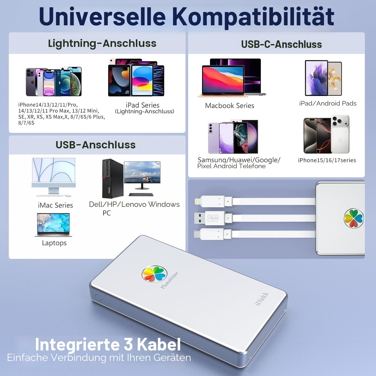 iDiskk 2TB (2000GB) Lightning Externe Festplatte, 【MFi-zertifizierte】 -Speicherplatz 3-in-1 USB-C Tragbare Festplatten für iPhone/iPad/Mac/PC und neueste Type-C Telefone （Sliver）