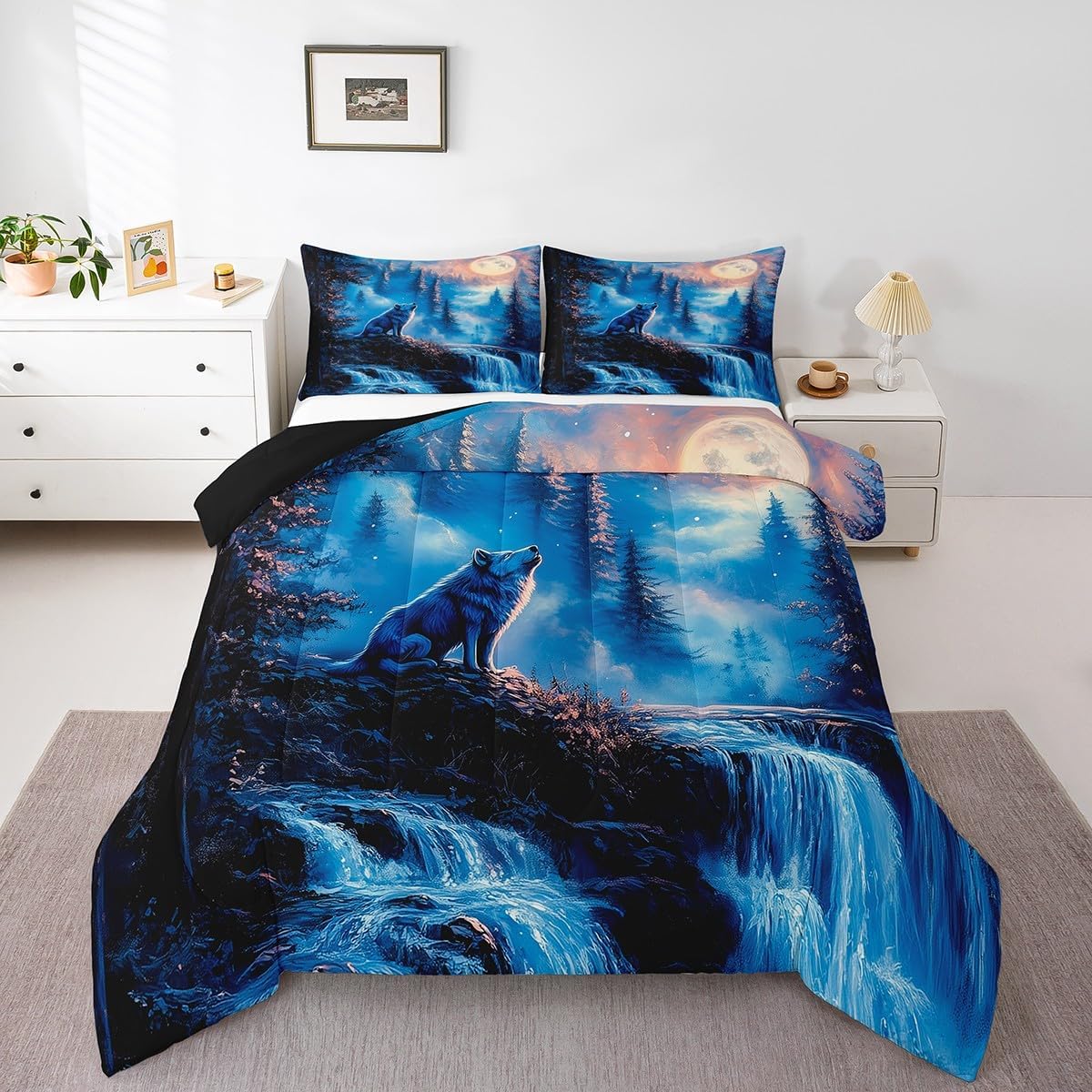 Feelyou Wolf Comforter Set Twin Size Wolves Howling Comforter for Boys Girls Teens Animal Wolves Bedding Set Mountain Moon Wolf Duvet Set Room Blue Black Decor Quilt Set
