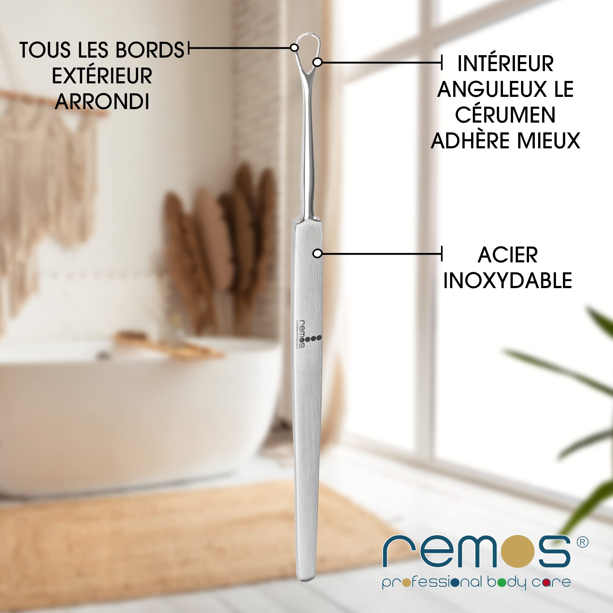 REMOS Cure-oreilles en acier inoxydable pour enlever le cérumen 14 cm satin