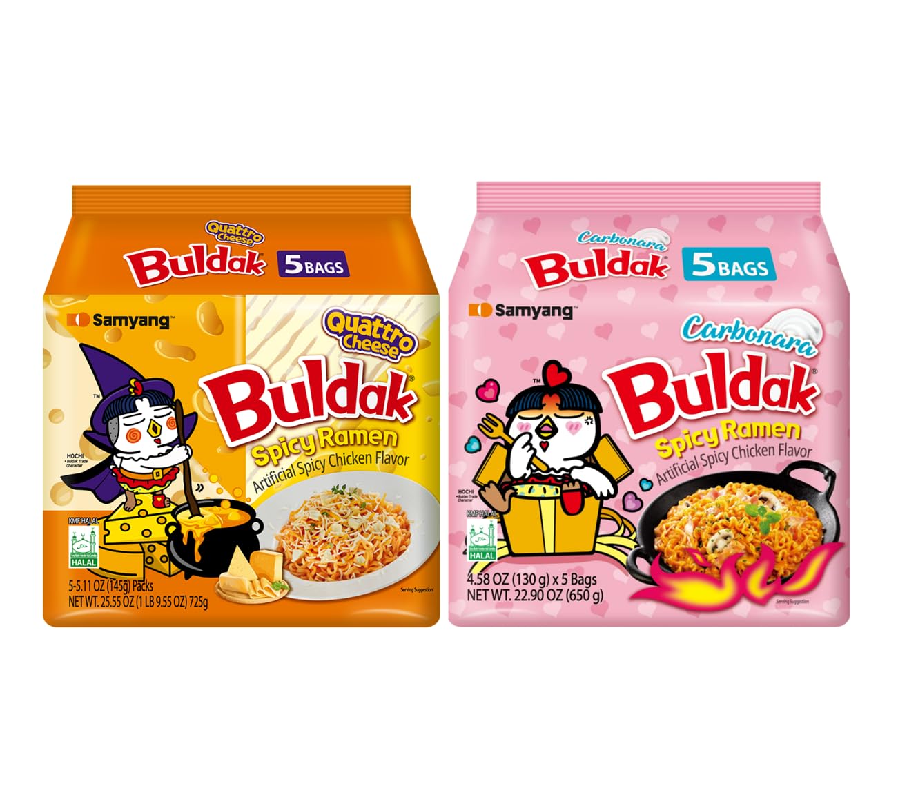 Samyang Buldak Hot Spicy Chicken Ramen Noodle Korean Stir-Fried Ramen (10 Pack, Carbonara & Quattro Cheese) 5 Pack Each