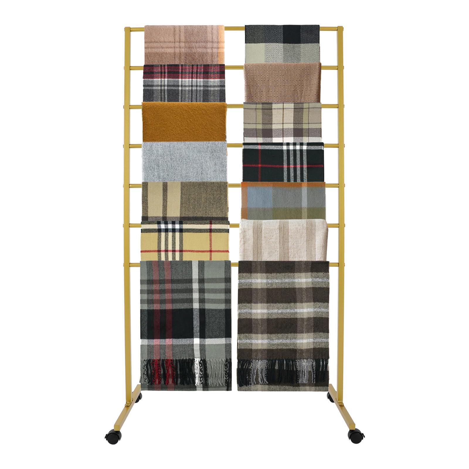 Floor Standing Scarf Display Stand with 360 Swivel Caster Wheels, Movable Freestanding Scarf Floor Standing Display Rack, Belt Shawl Hijab Organizer for Boutique Display (Gold)