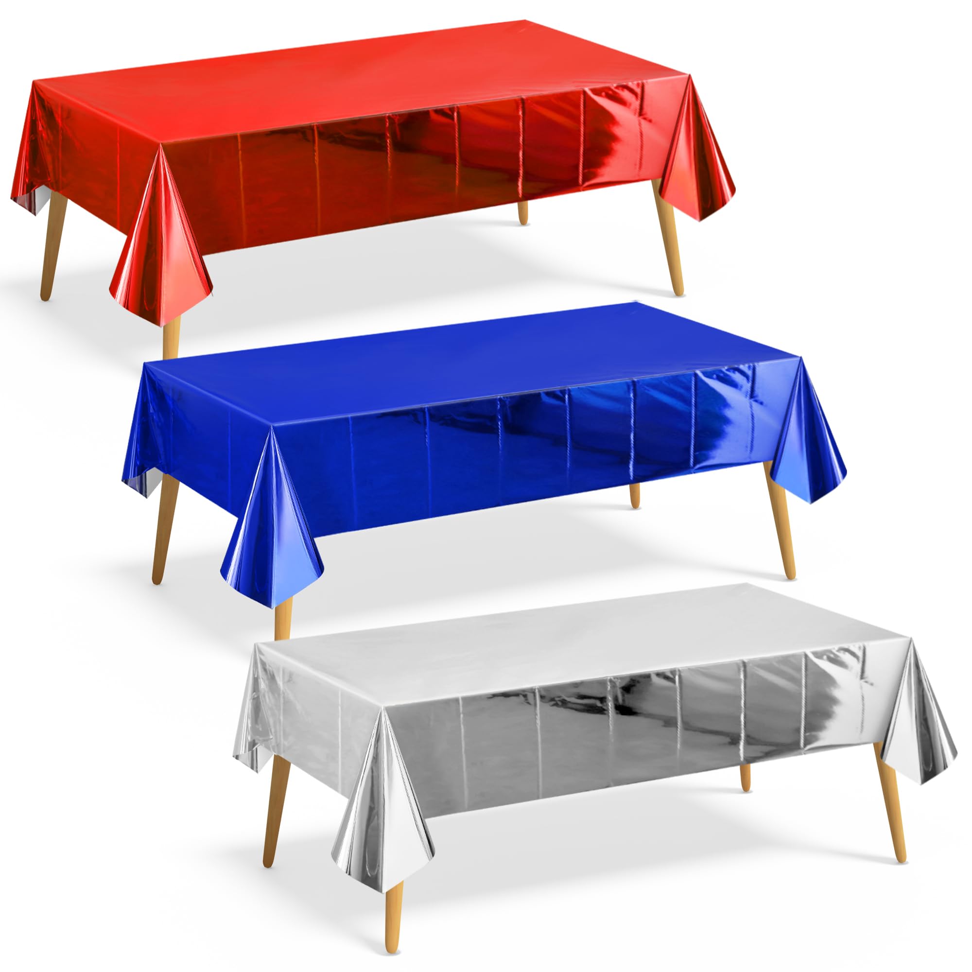 Just Shimmer 3 Pieces Red &amp; Royal Blue &amp; Silver Foil Tablecloth 54 * 72inch Plastic Birthday Party Table Cloths Disposable Waterproof Table Cover for Christmas Wedding Graduation Party Supplies