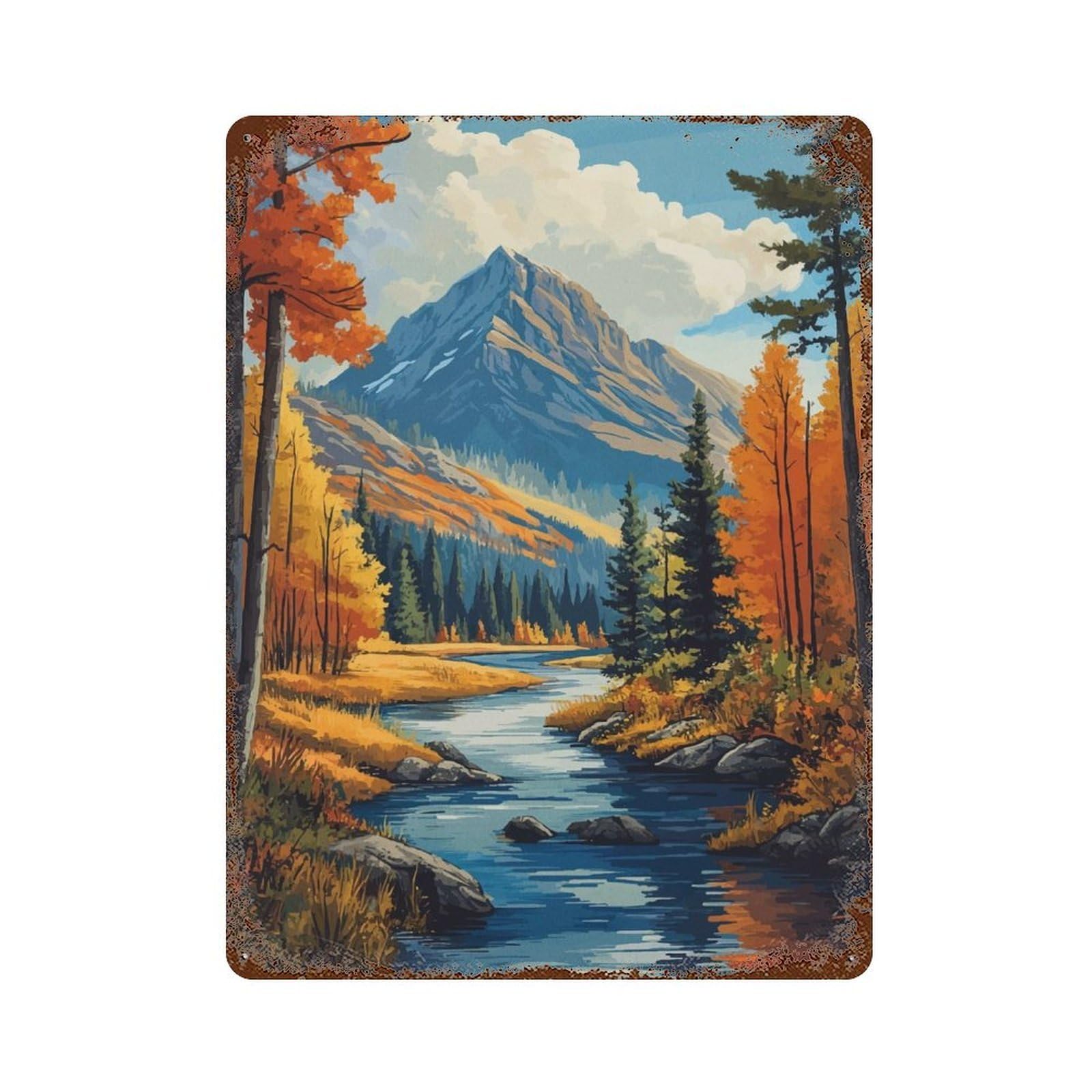 Rust Effect Autumn Mountain River Vintage Rust Metal Sign 15.7"x11.8", Classic Wall Plaque for Shed, Workshop And Garage Wall Decor