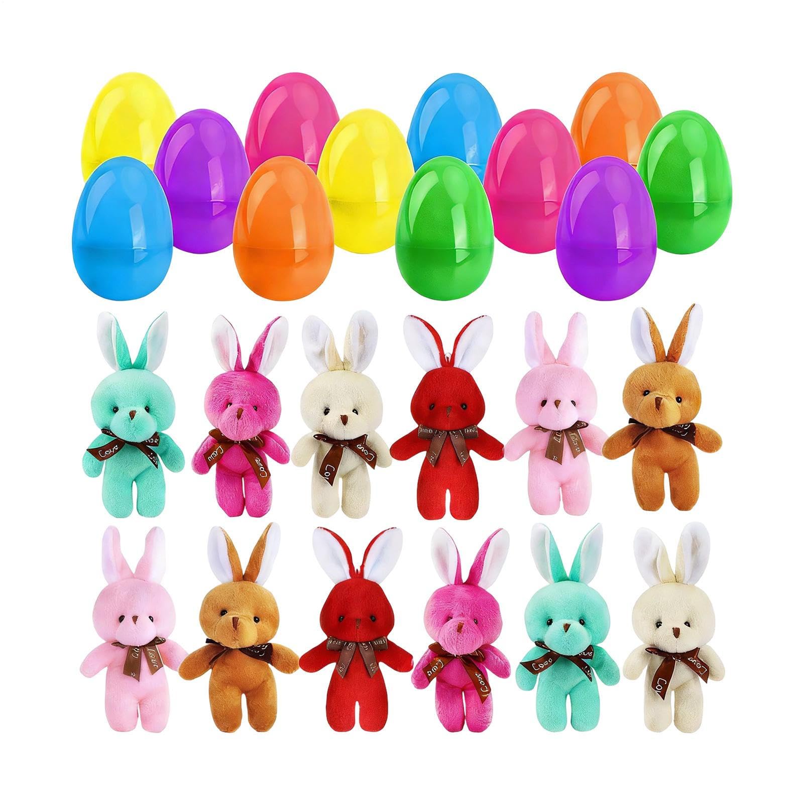 12 Œufs de Pâques Pré-remplis avec Mini Lapins en Peluche, Surprise à Lisse pour Chasse aux Œufs Enfant, Décoration Festive de Table et Cadeaux de Fête, Remplissage Panier de Pâques
