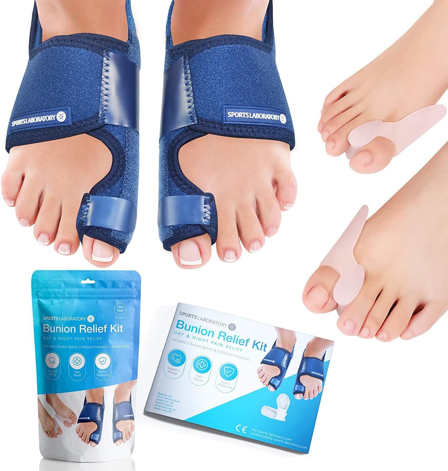 – Sports Laboratory Bunion Corrector for Women and Men | Silicone Toe Separators | Toe Spacers | Toe Straighteners | Set: 2x Bunion Splints, 2x Big Toe Straighteners, 1x Relief Guide (Blue)