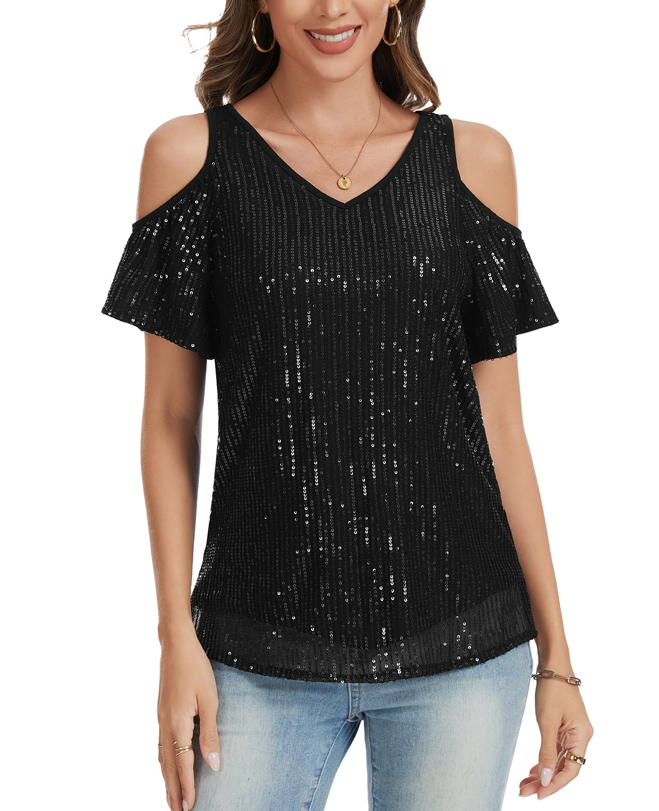 Top scintillante da donna a maniche corte con paillettes, top con scollo a V, spalle scoperte, tunica glitterata, camicie da sera per feste e uscite
