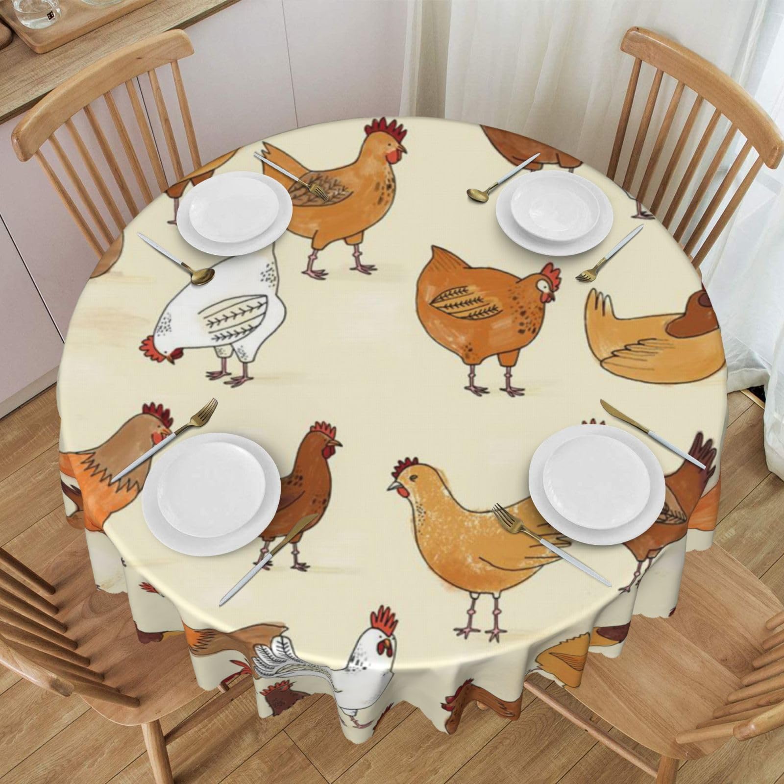 DCEHGEW 60 In Round Tablecloth with Lace, Chicken Pattern Printed Oilproof & Washable Fabric Picnic Table Cloth Table Covers