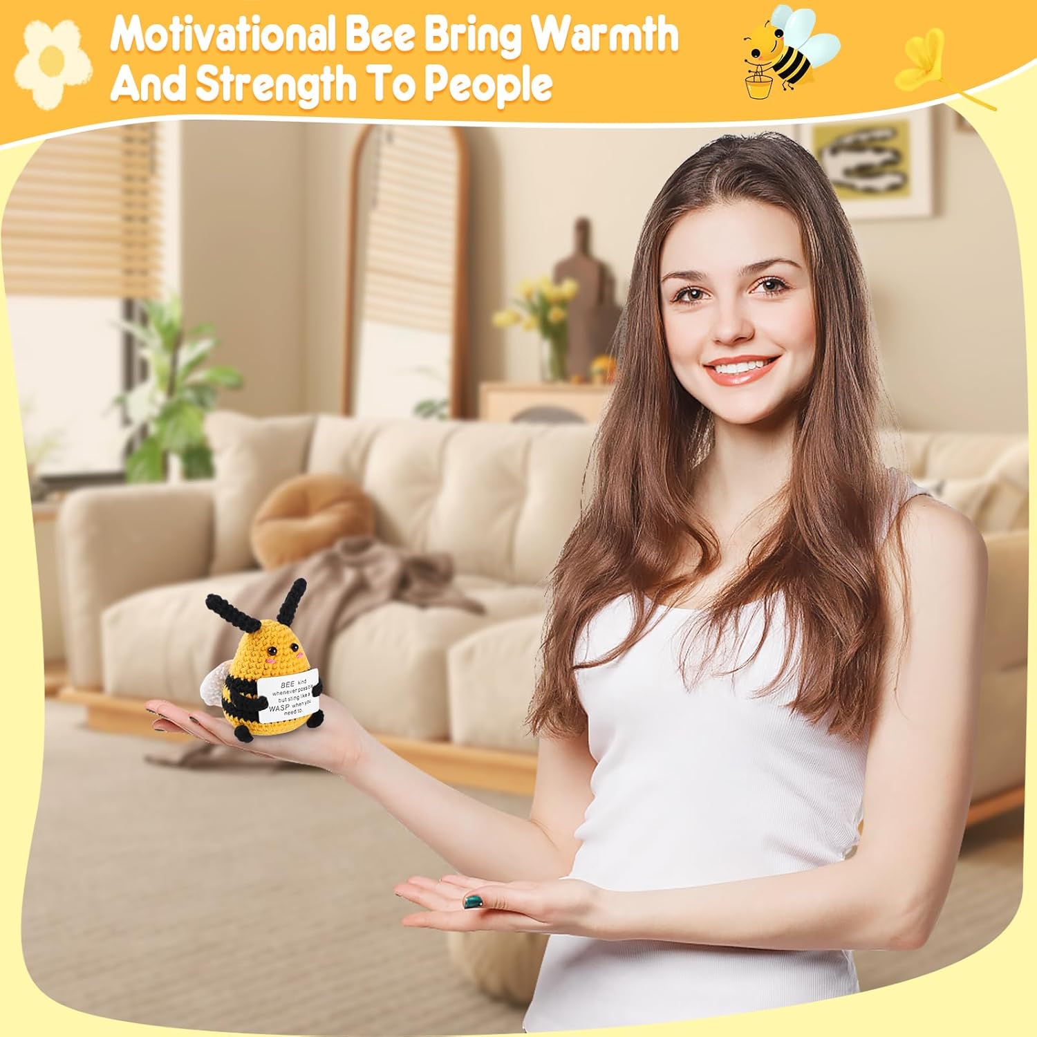 VZZNN Crochet Bees with Affirmation Cards 12 Pack - Mini Positive Inspirational Gifts for Women, Teens, Teachers, Bee Themed Party Decorations, Bumble Bee Gift